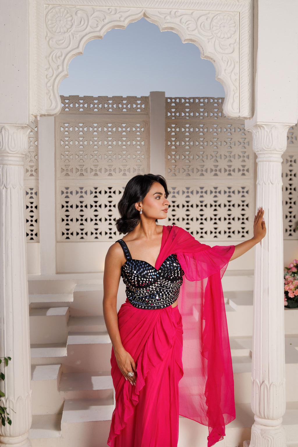 Pink Flowy Ruffle Chiffon Saree
