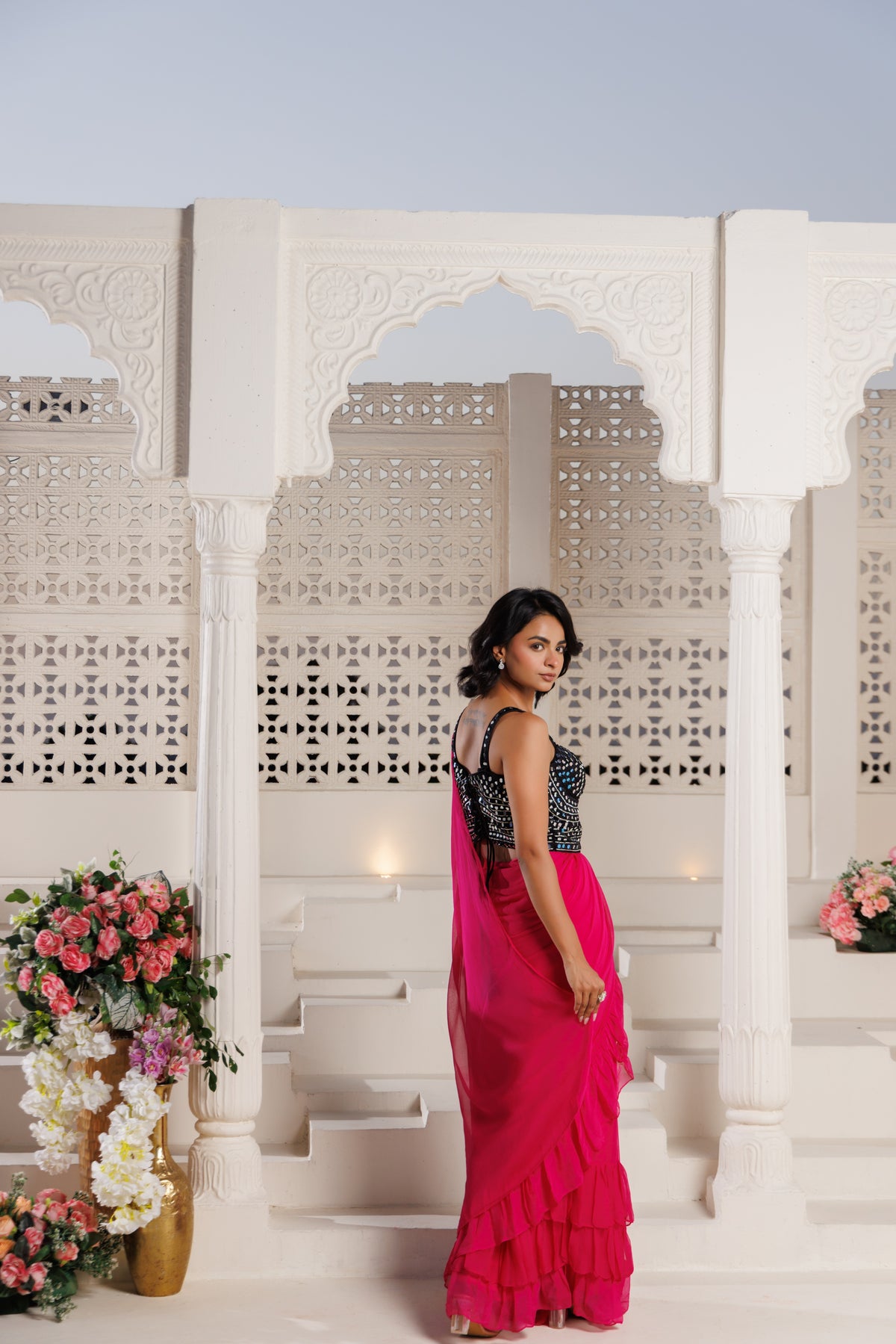 Pink Flowy Ruffle Chiffon Saree