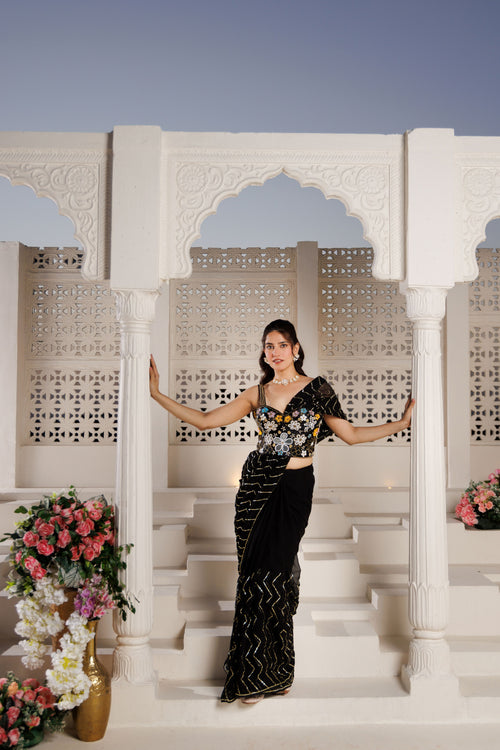 Black Georgette Gota Saree