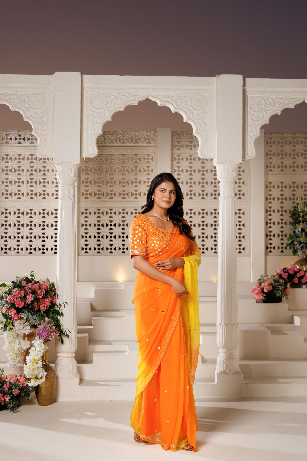 Yellow Orange Chiffon Saree with Aari & Sequin Work