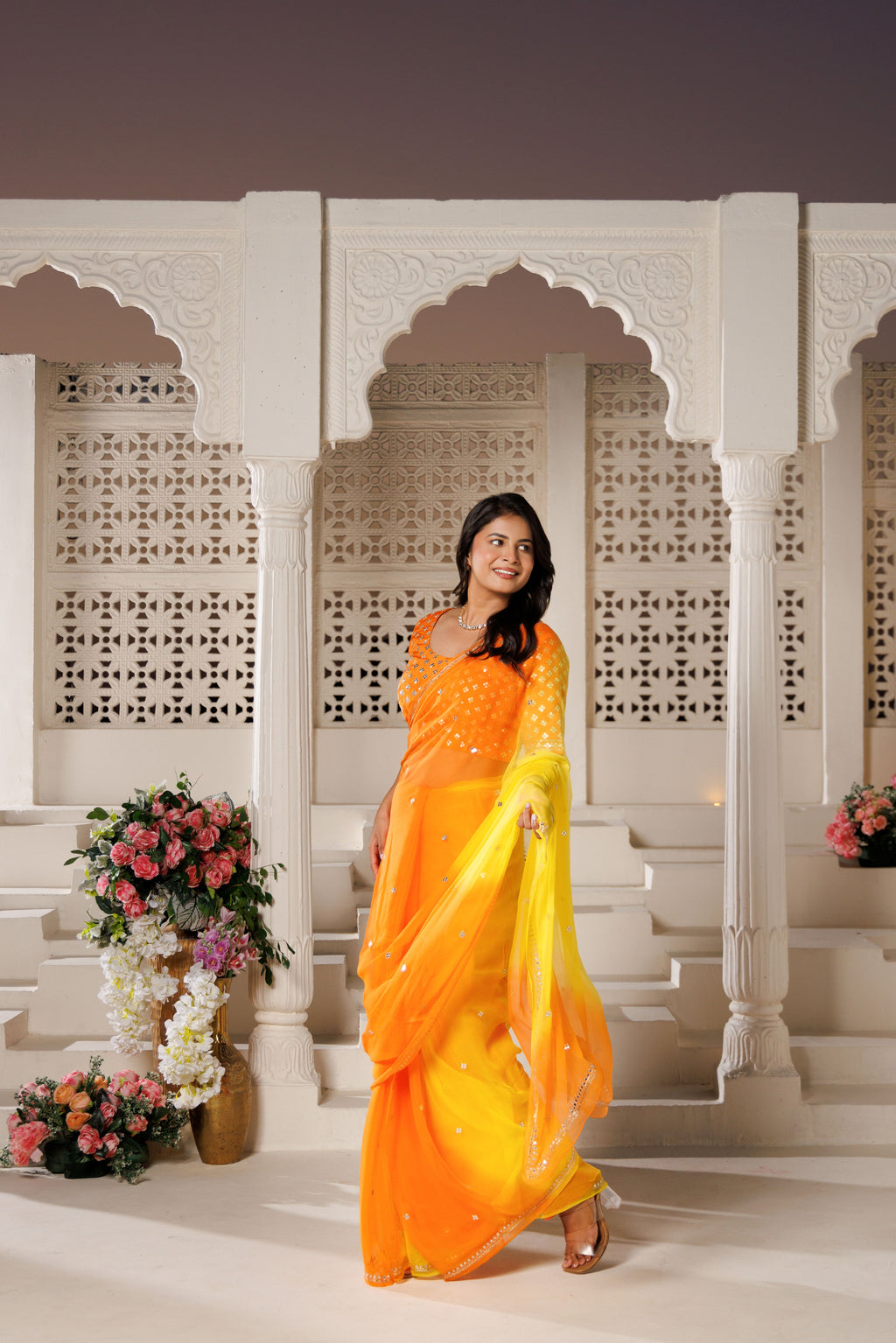 Yellow Orange Chiffon Saree with Aari & Sequin Work