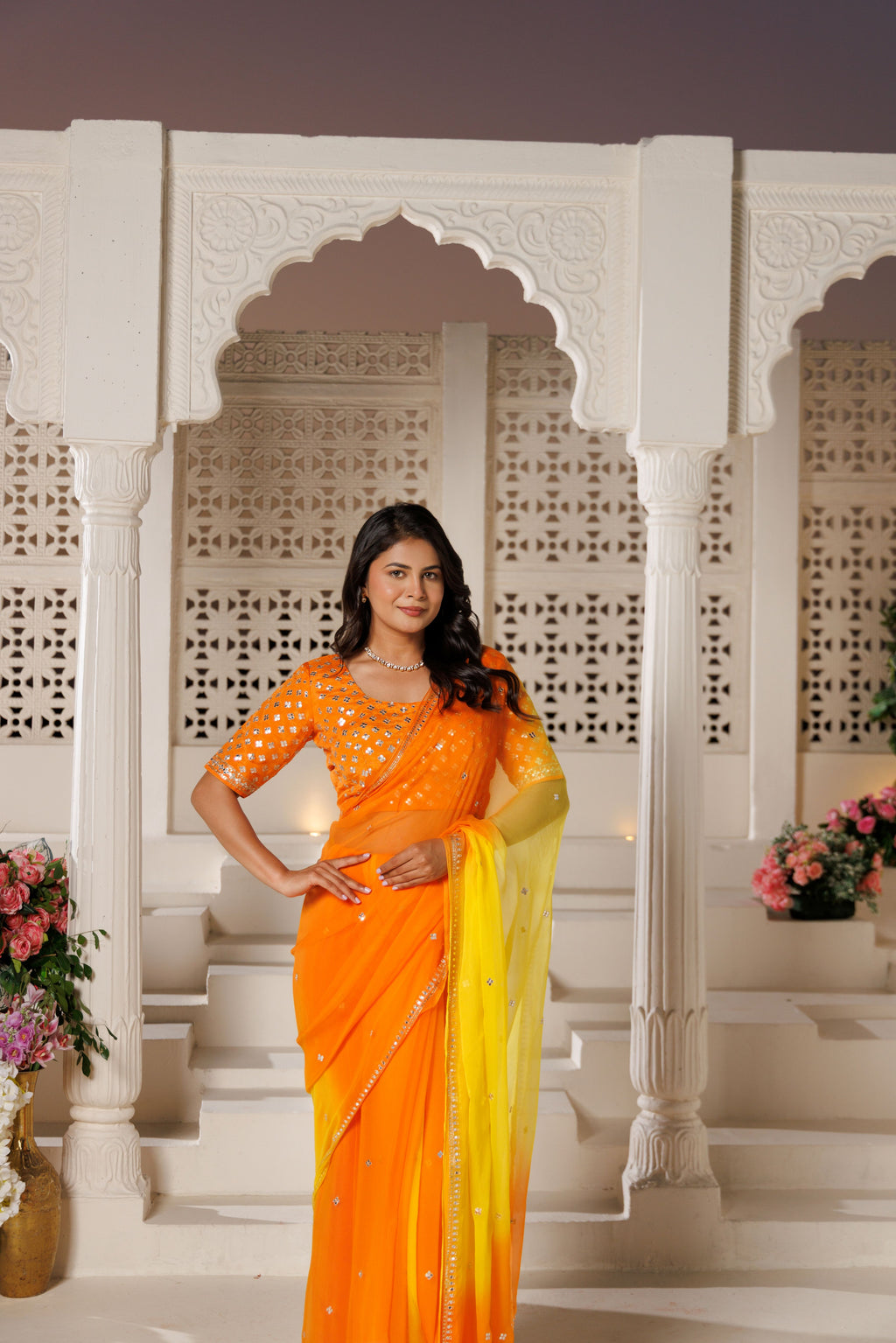 Yellow Orange Chiffon Saree with Aari & Sequin Work