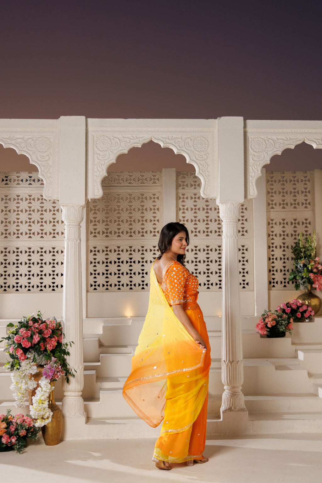 Yellow Orange Chiffon Saree with Aari & Sequin Work