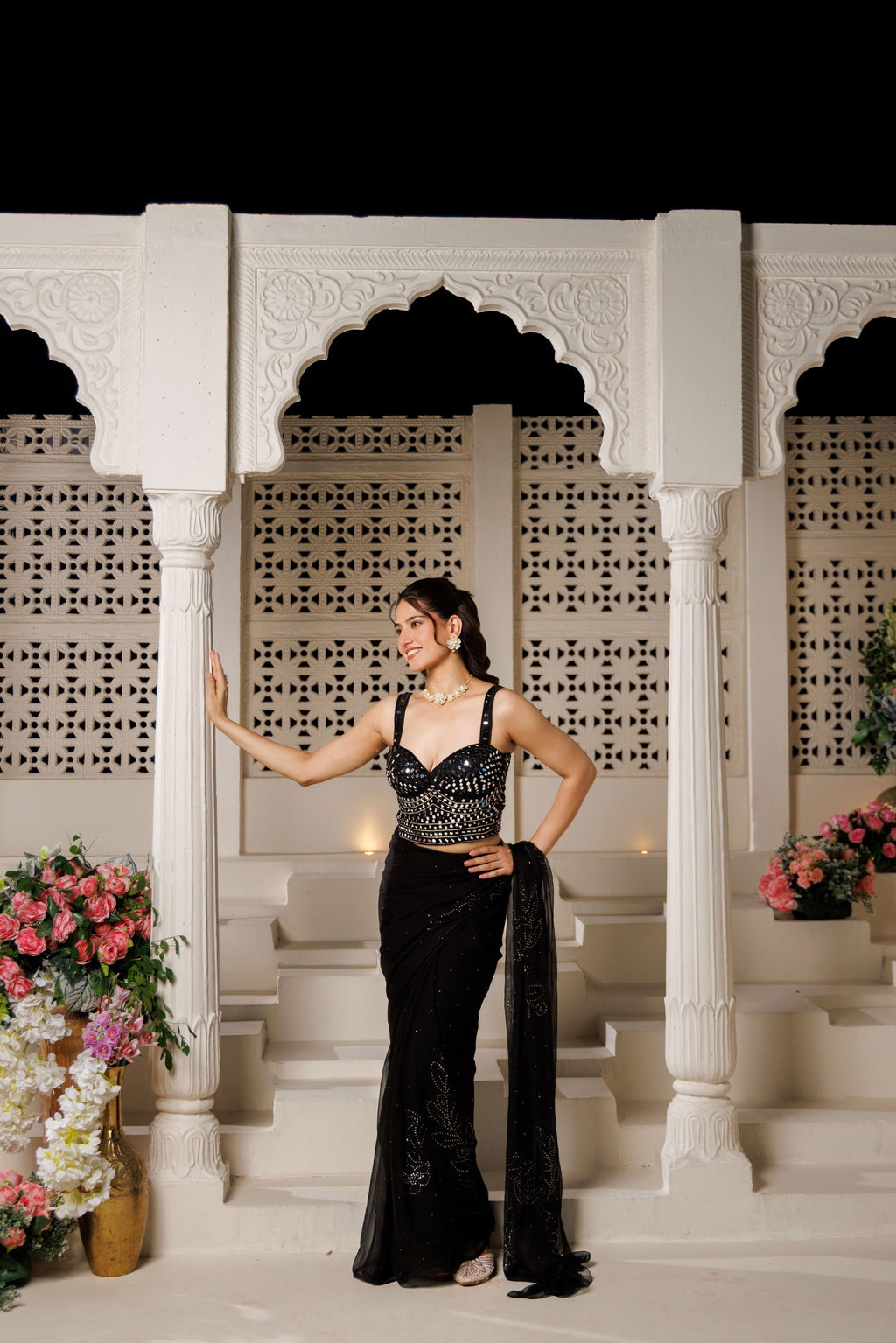 Black Net Patch Chiffon Saree