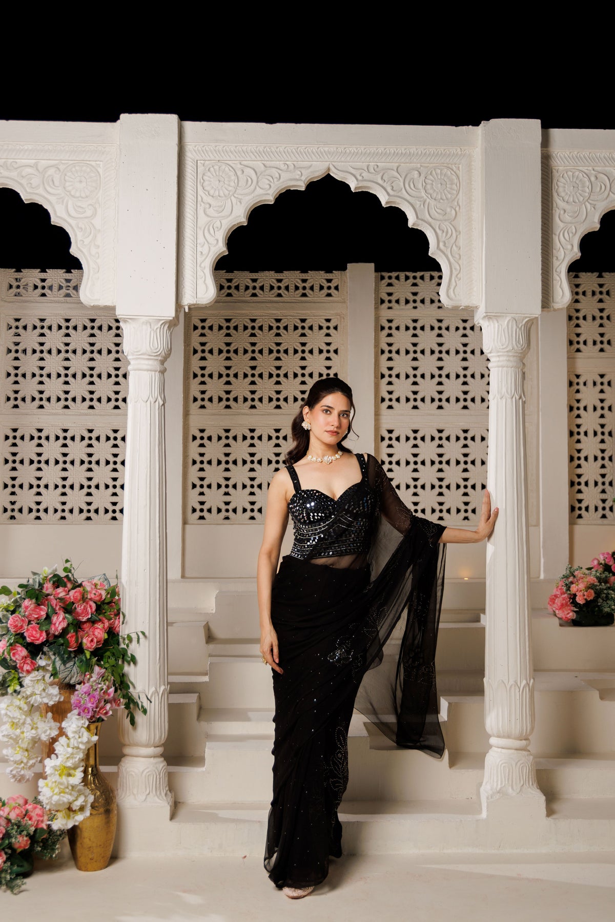 Black Net Patch Chiffon Saree