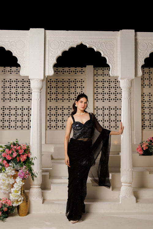 Black Net Patch Chiffon Saree