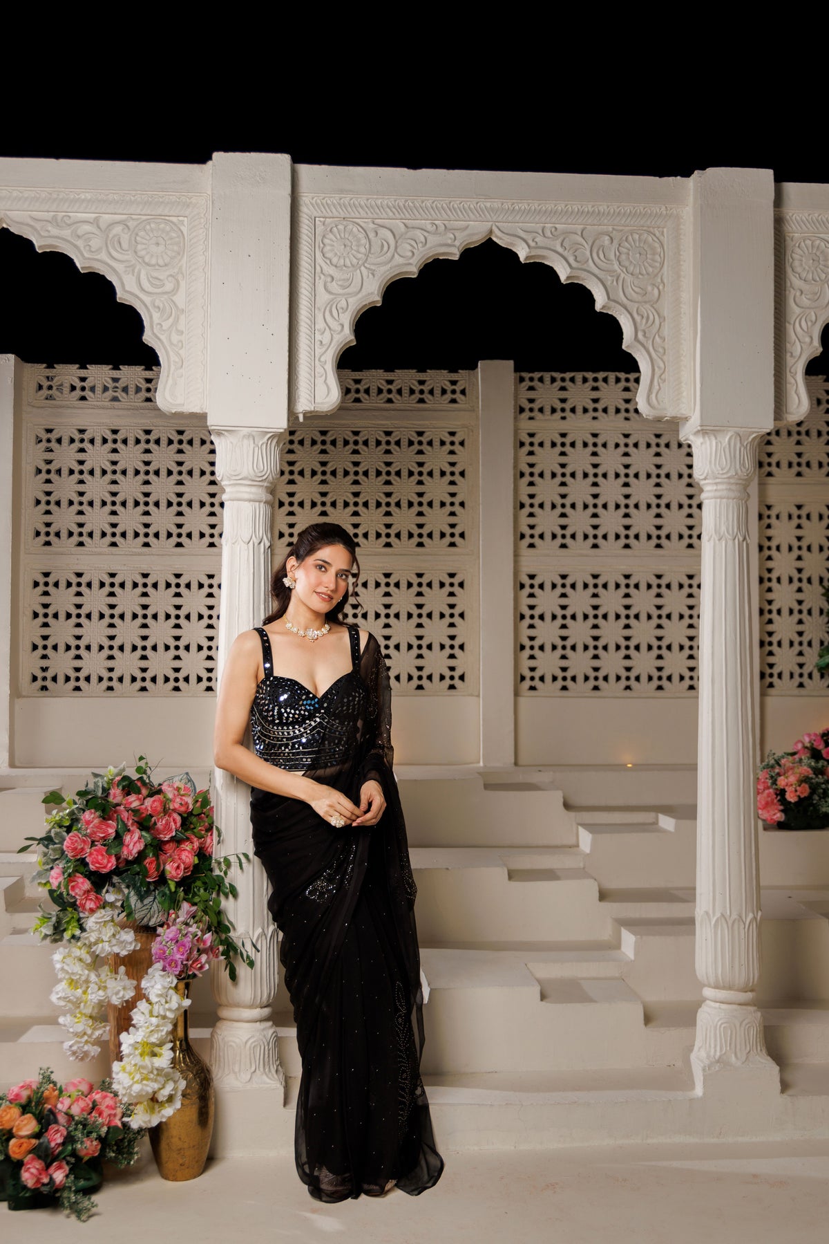 Black Net Patch Chiffon Saree