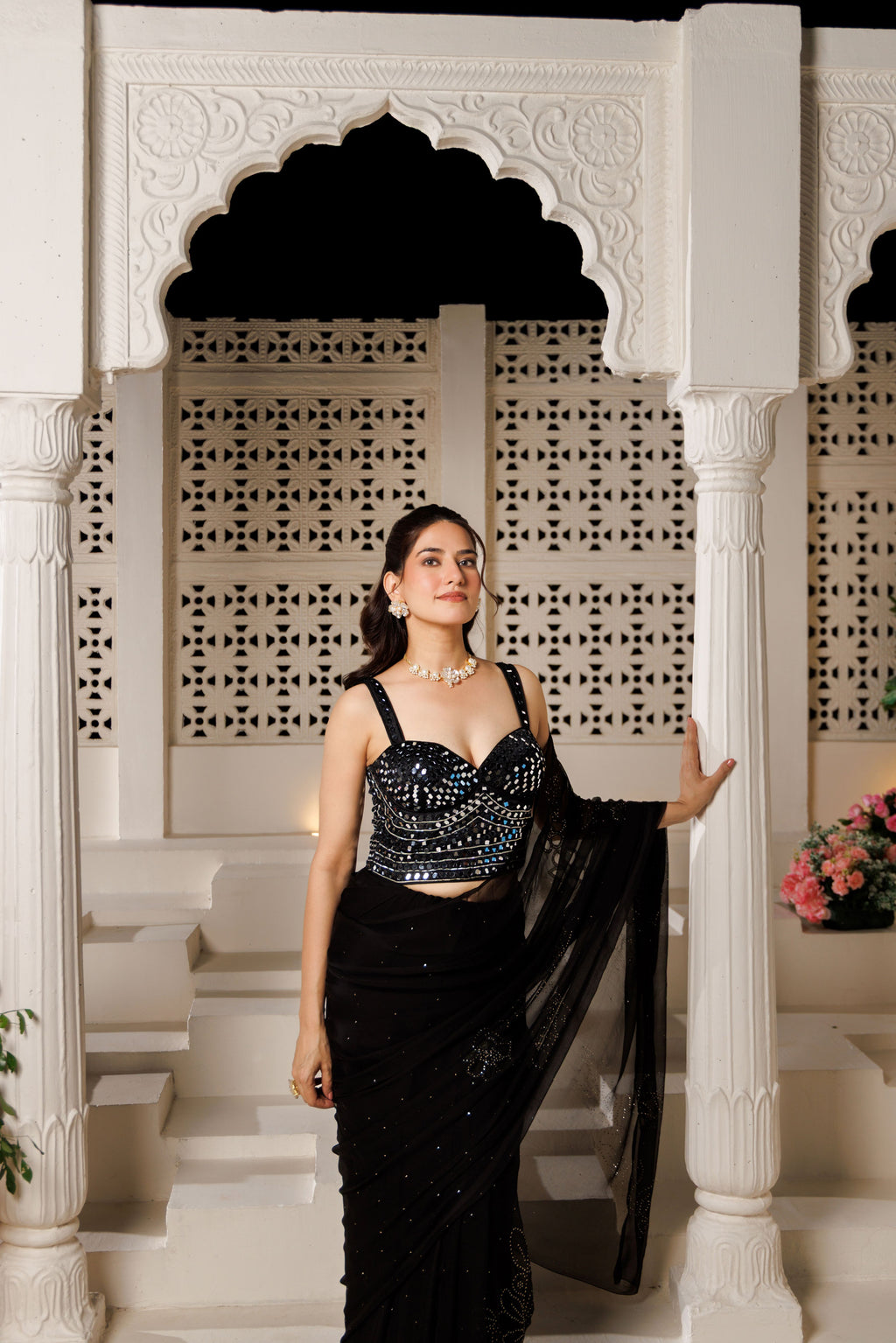 Black Net Patch Chiffon Saree