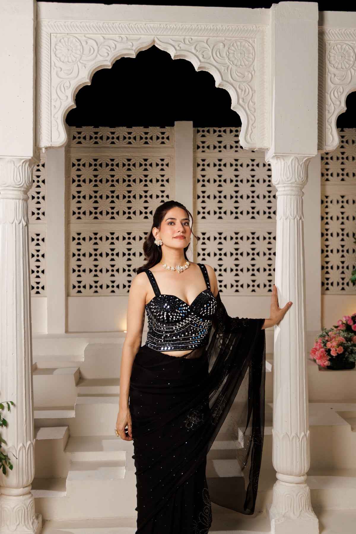 Black Net Patch Chiffon Saree