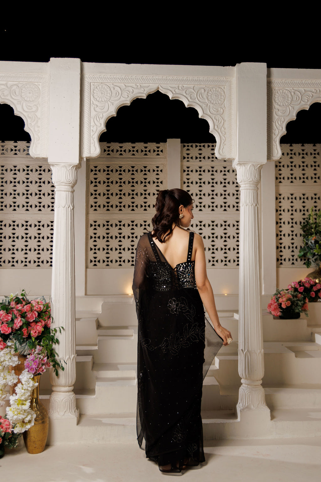 Black Net Patch Chiffon Saree