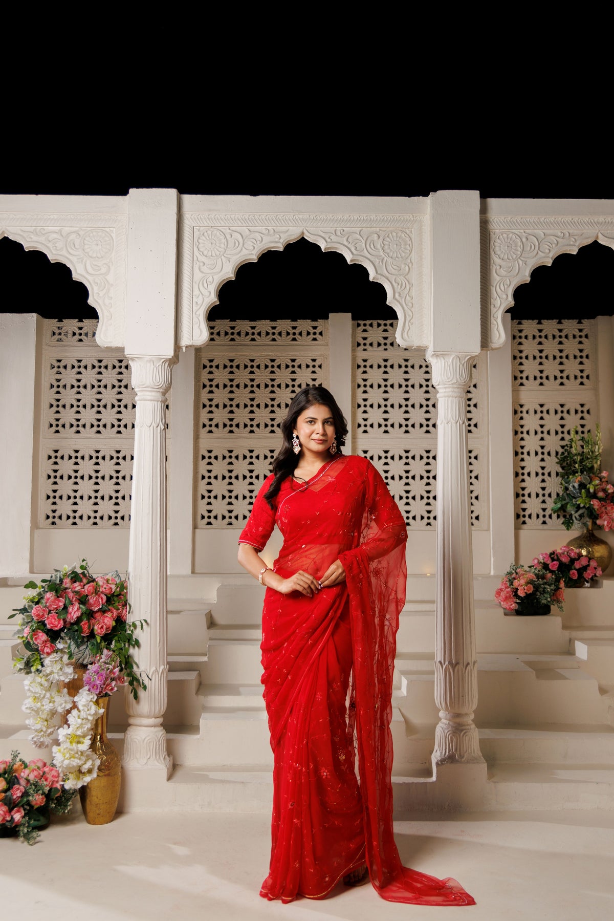 Red Hand Embroidered Chiffon Saree