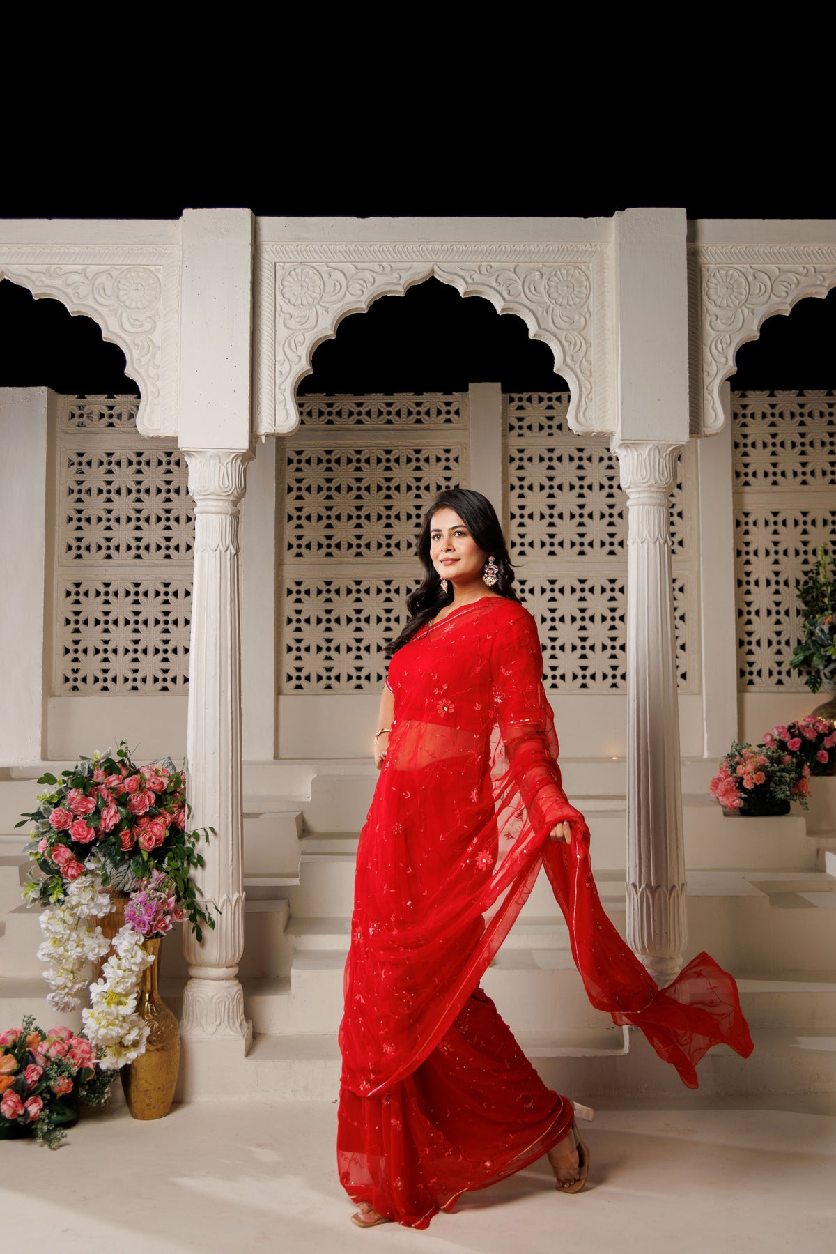 Red Hand Embroidered Chiffon Saree
