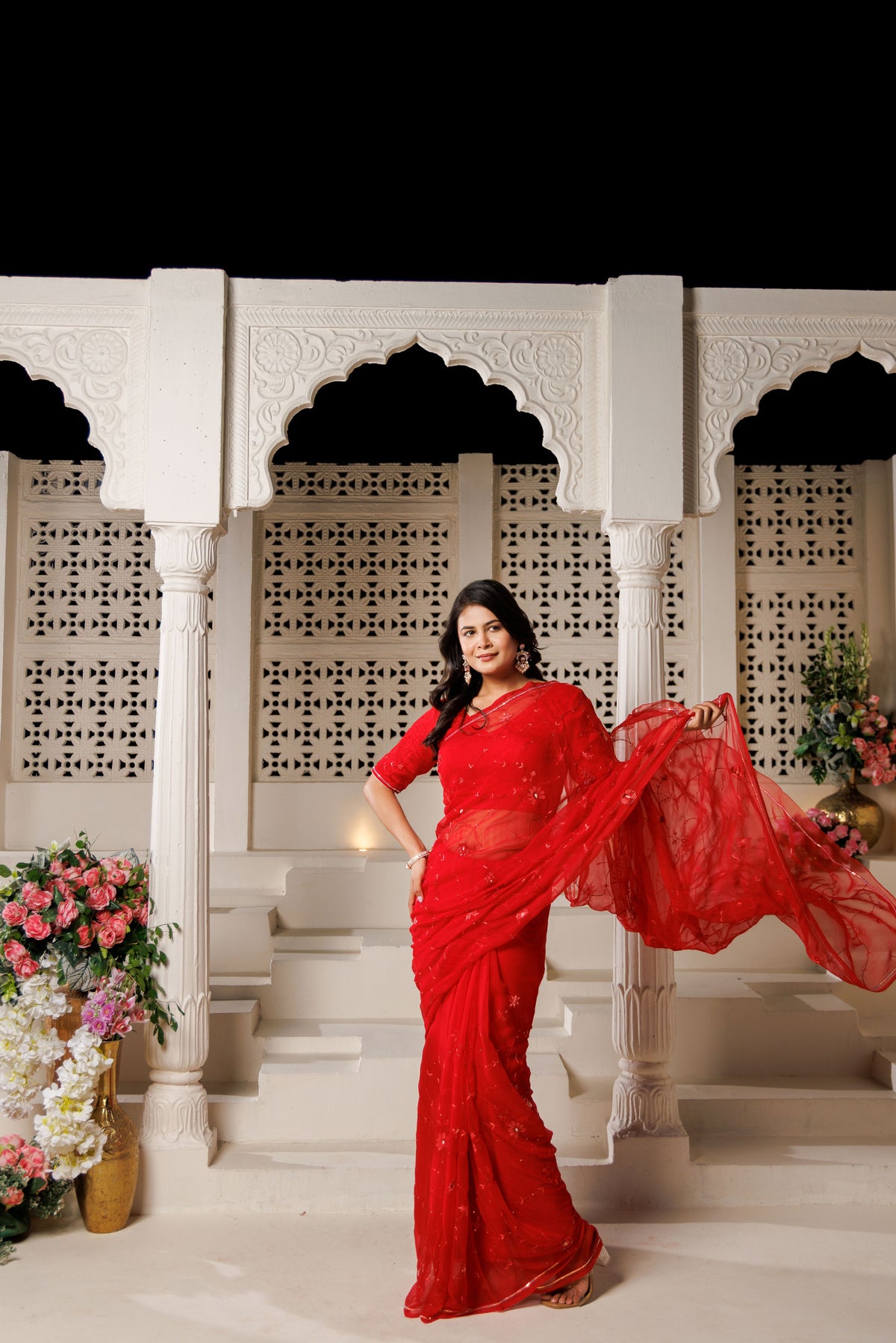 Red Hand Embroidered Chiffon Saree
