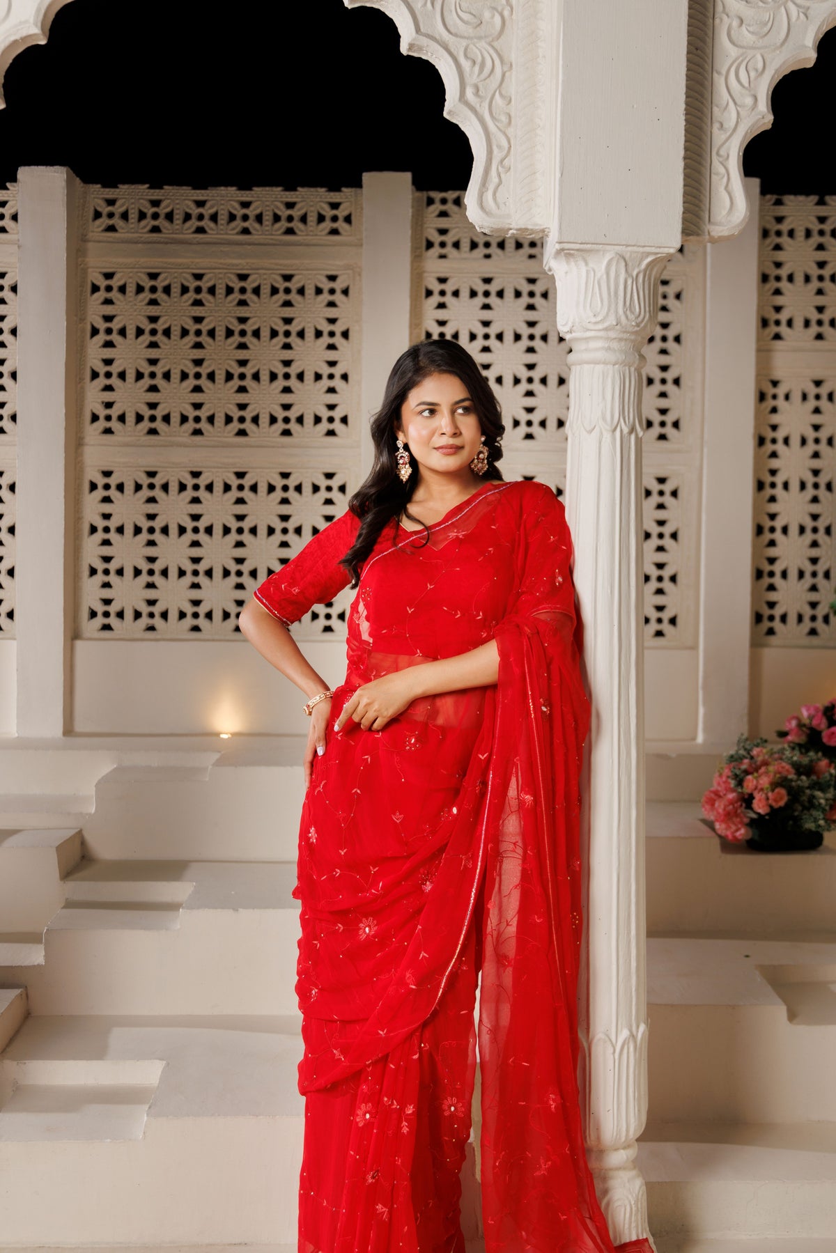 Red Hand Embroidered Chiffon Saree