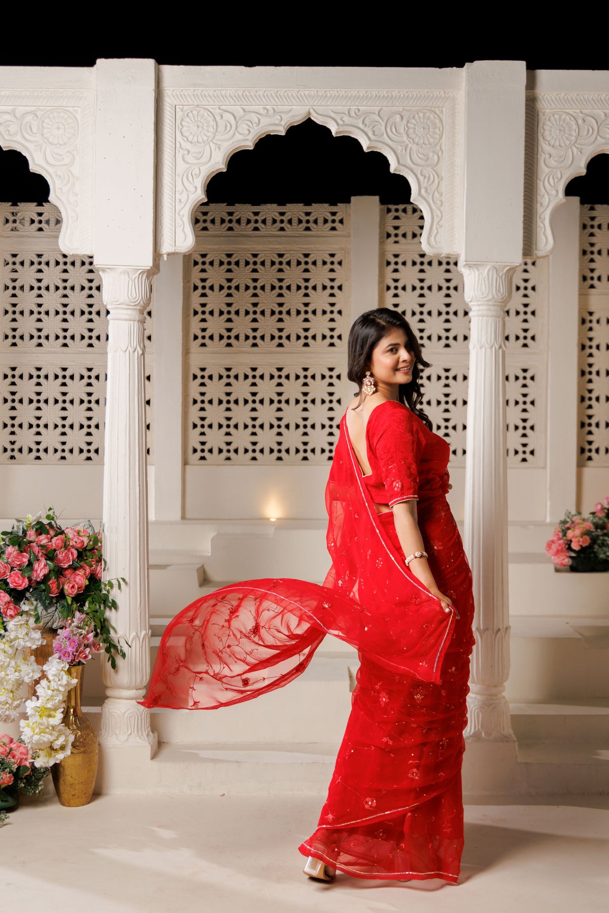 Red Hand Embroidered Chiffon Saree