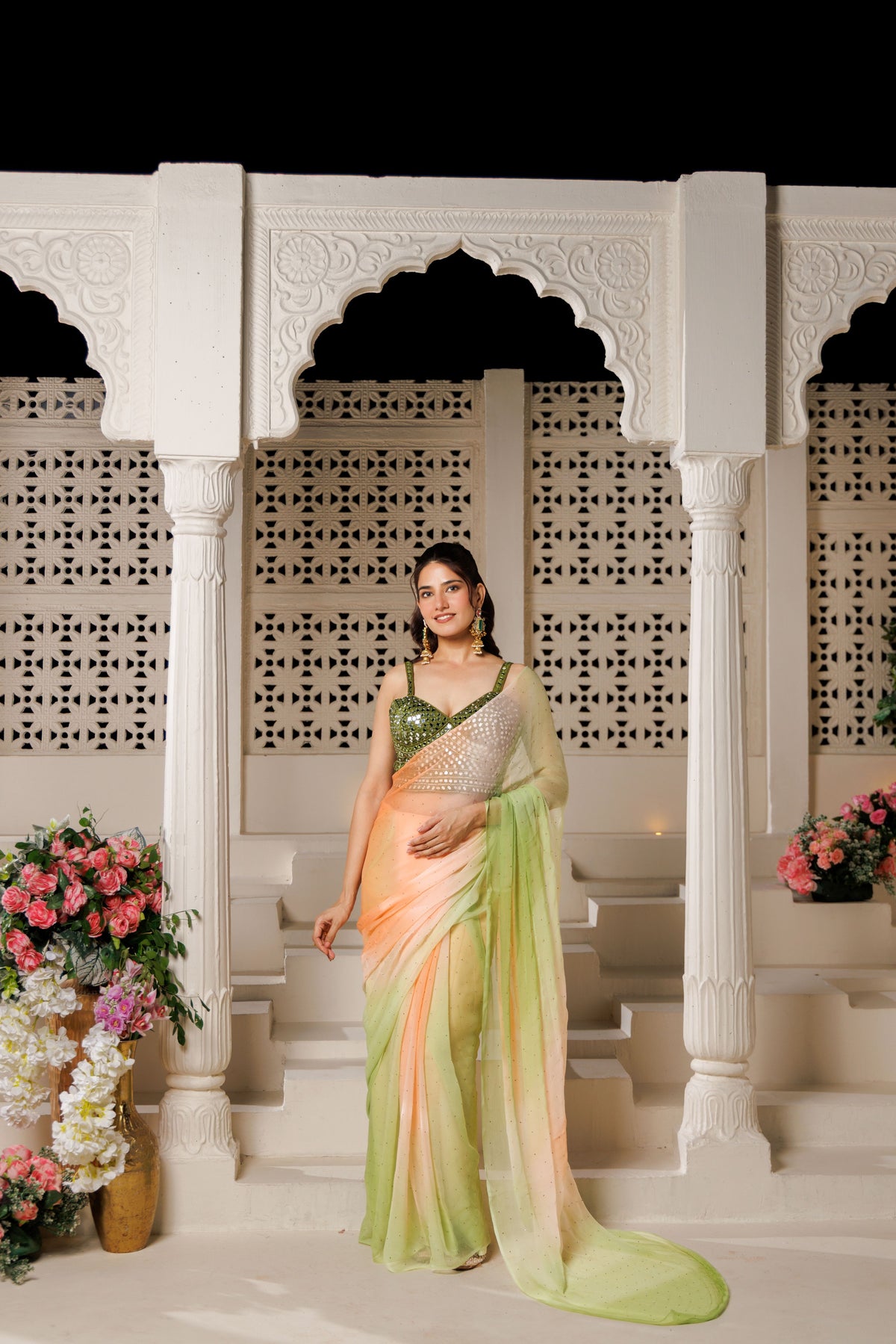 Green and Peach Chiffon Mukaish Saree