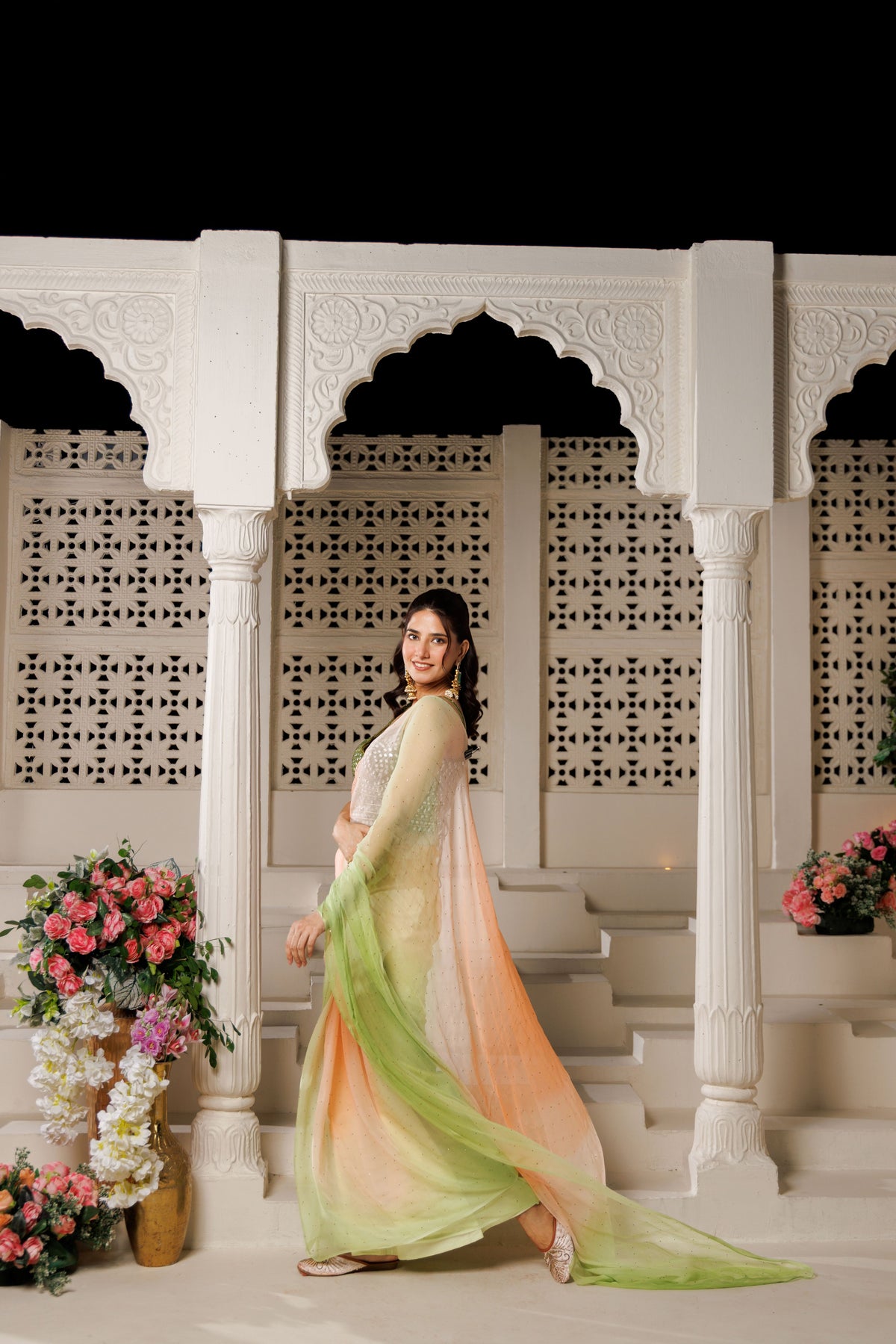 Green and Peach Chiffon Mukaish Saree