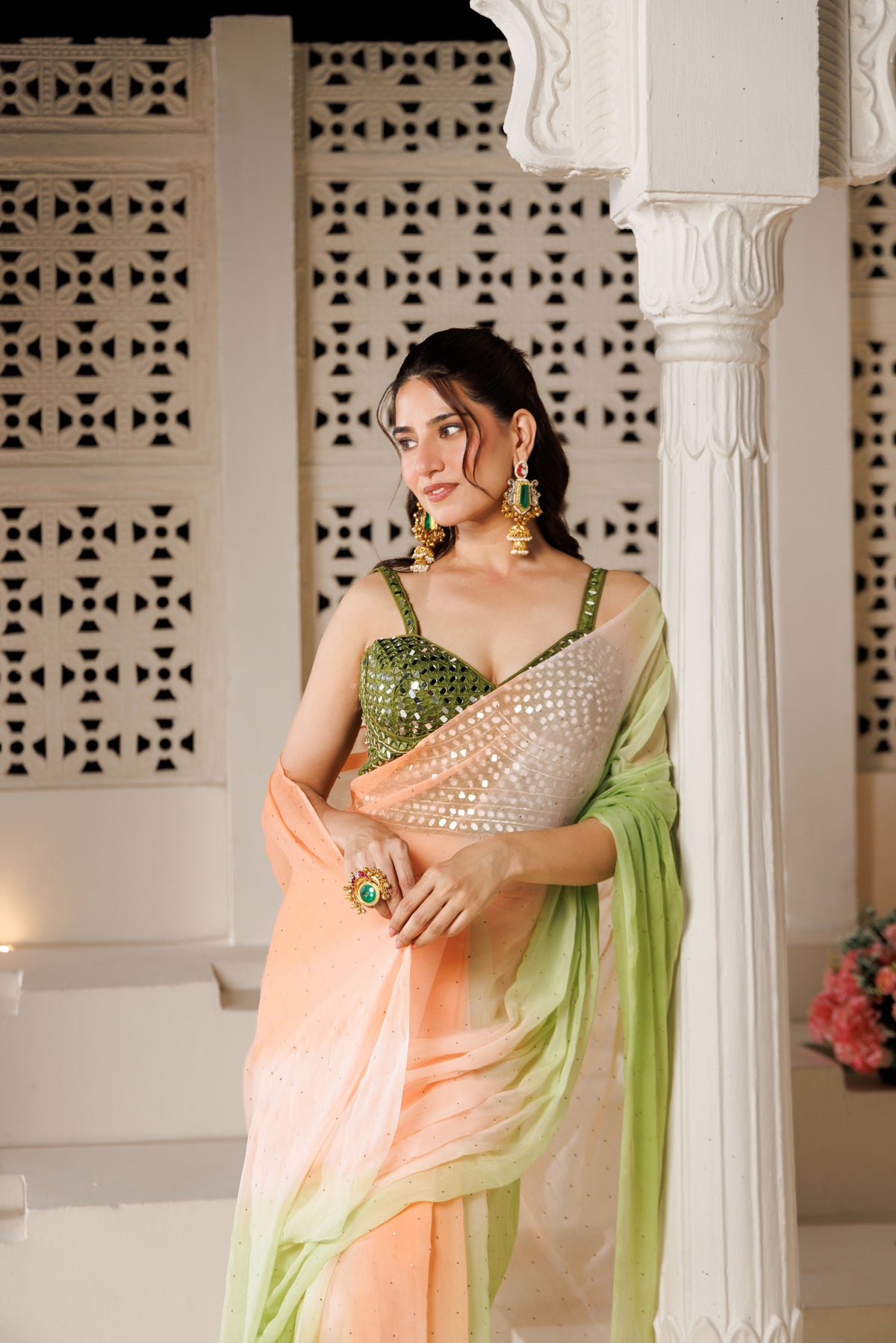 Green and Peach Chiffon Mukaish Saree