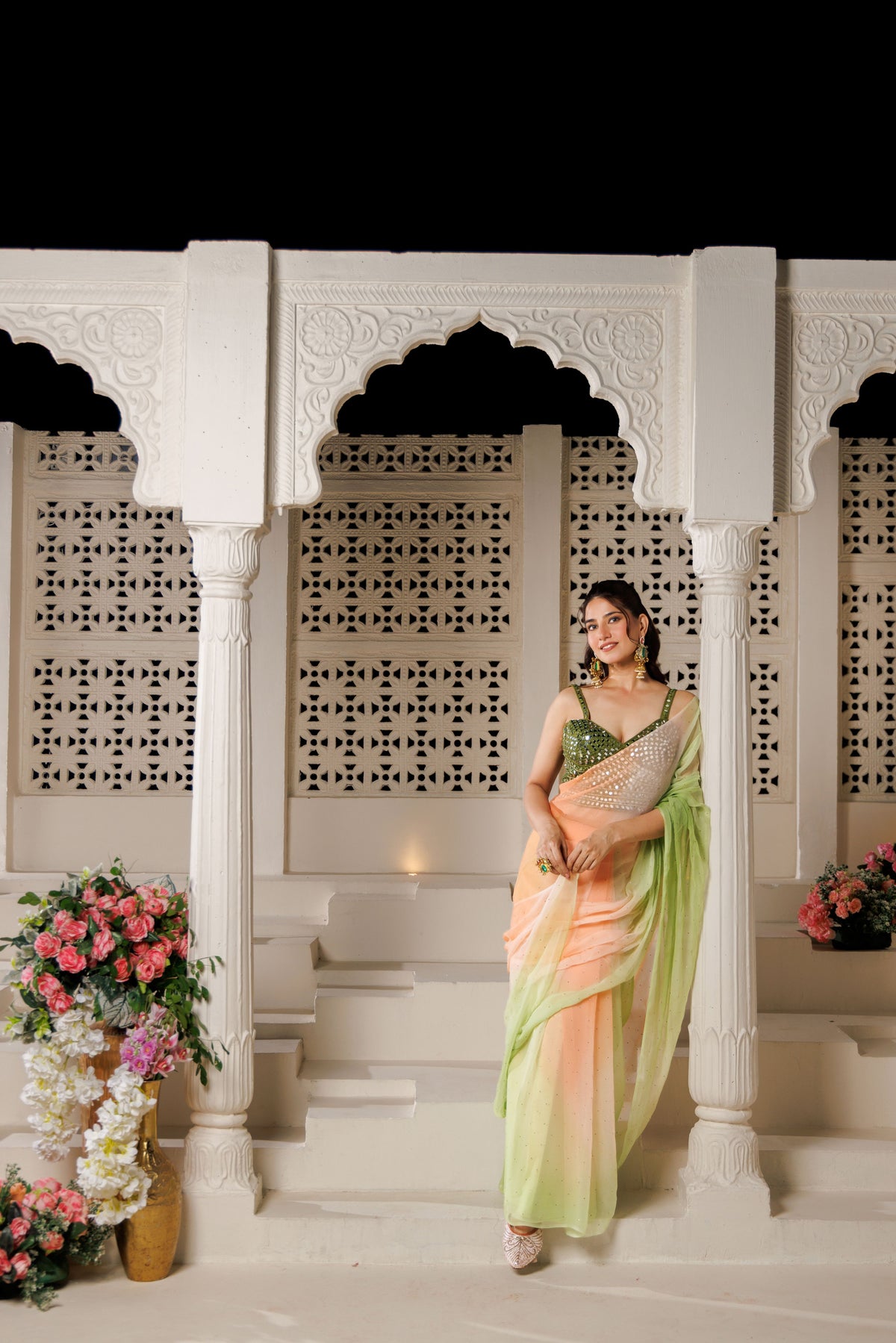 Green and Peach Chiffon Mukaish Saree