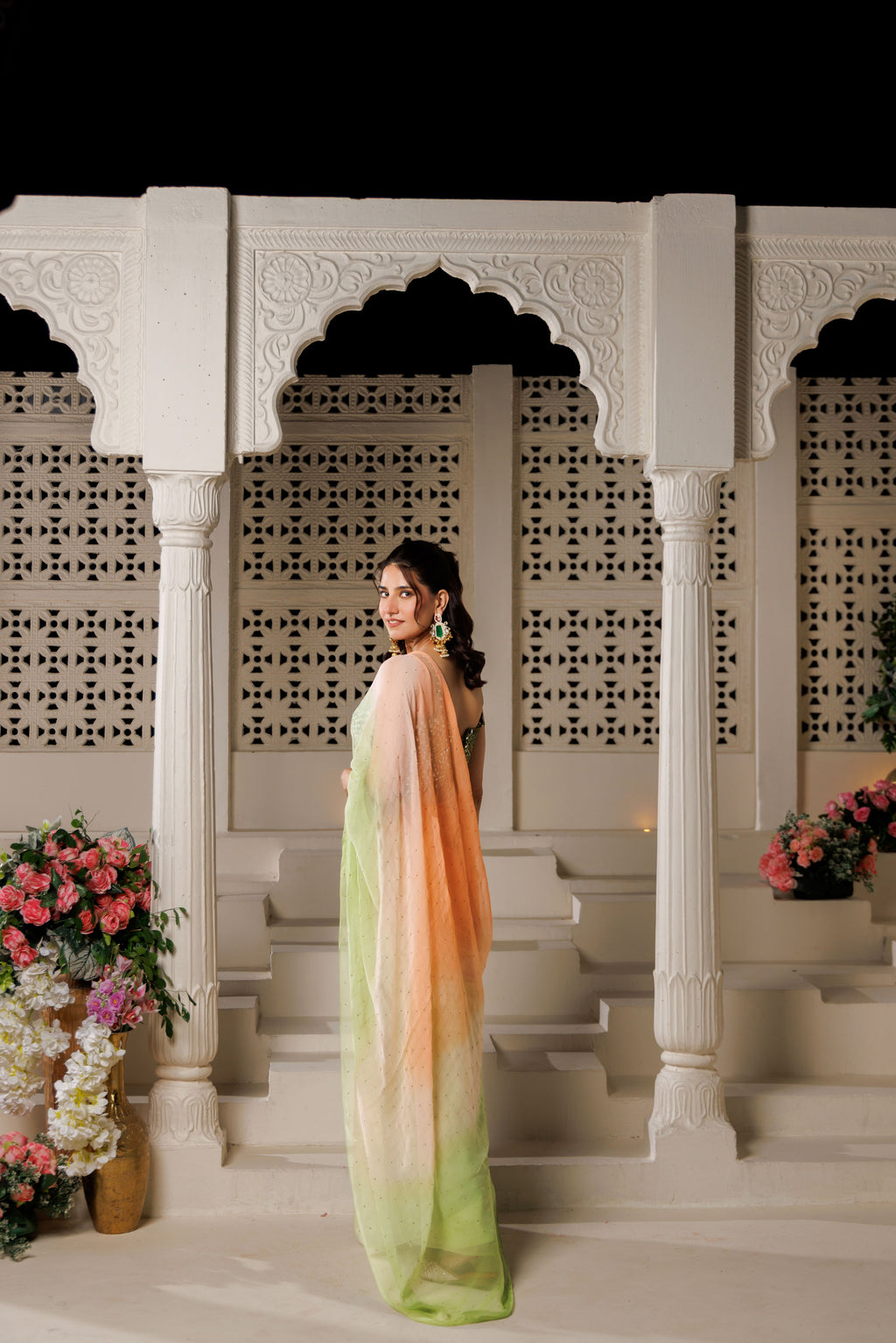 Green and Peach Chiffon Mukaish Saree