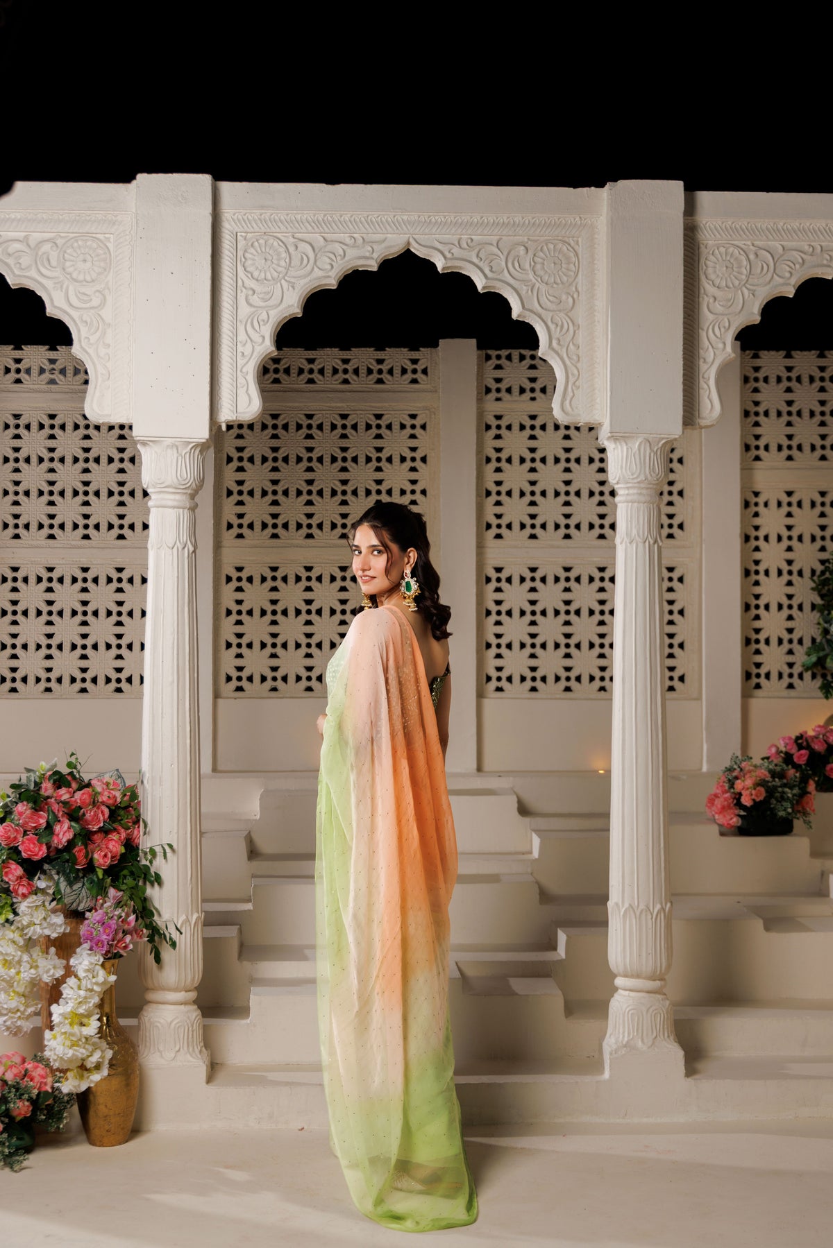 Green and Peach Chiffon Mukaish Saree