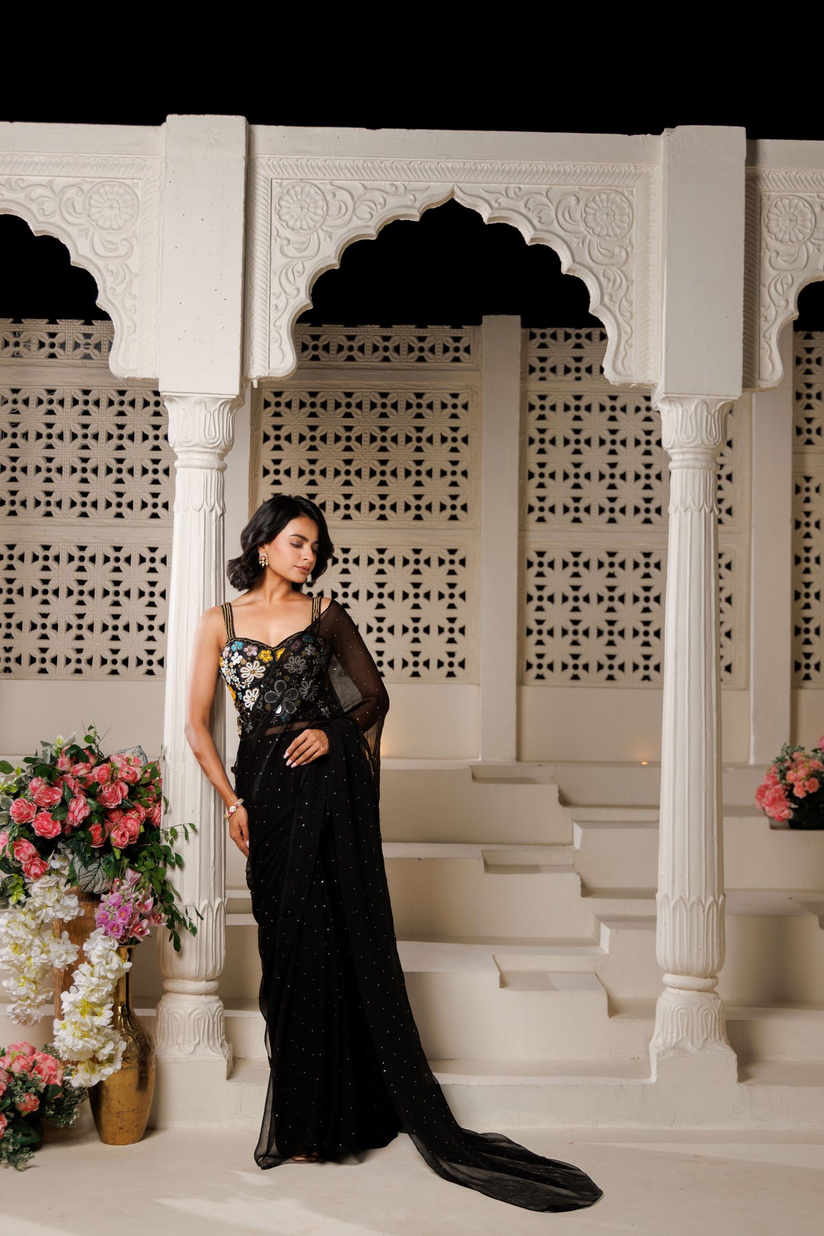 Black Chiffon Mukaish Saree