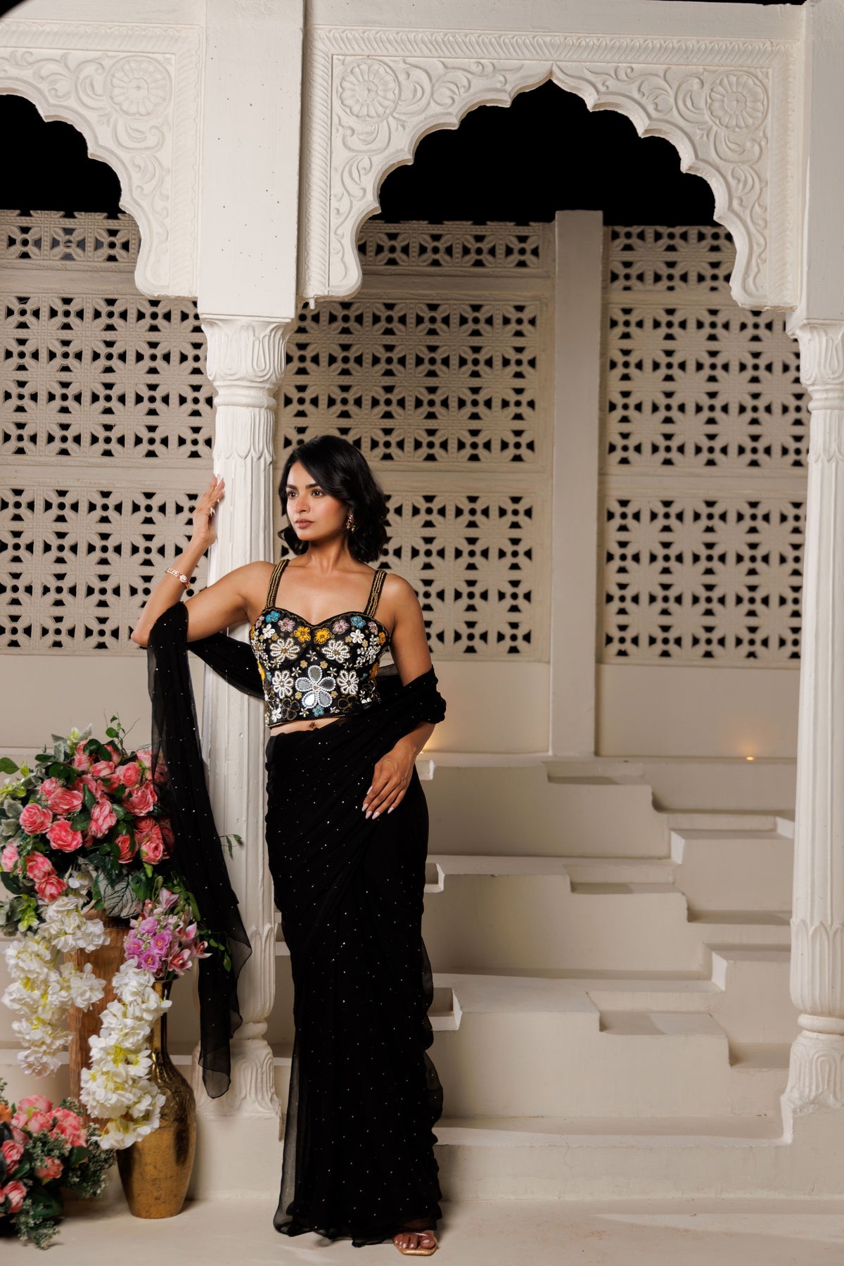 Black Chiffon Mukaish Saree