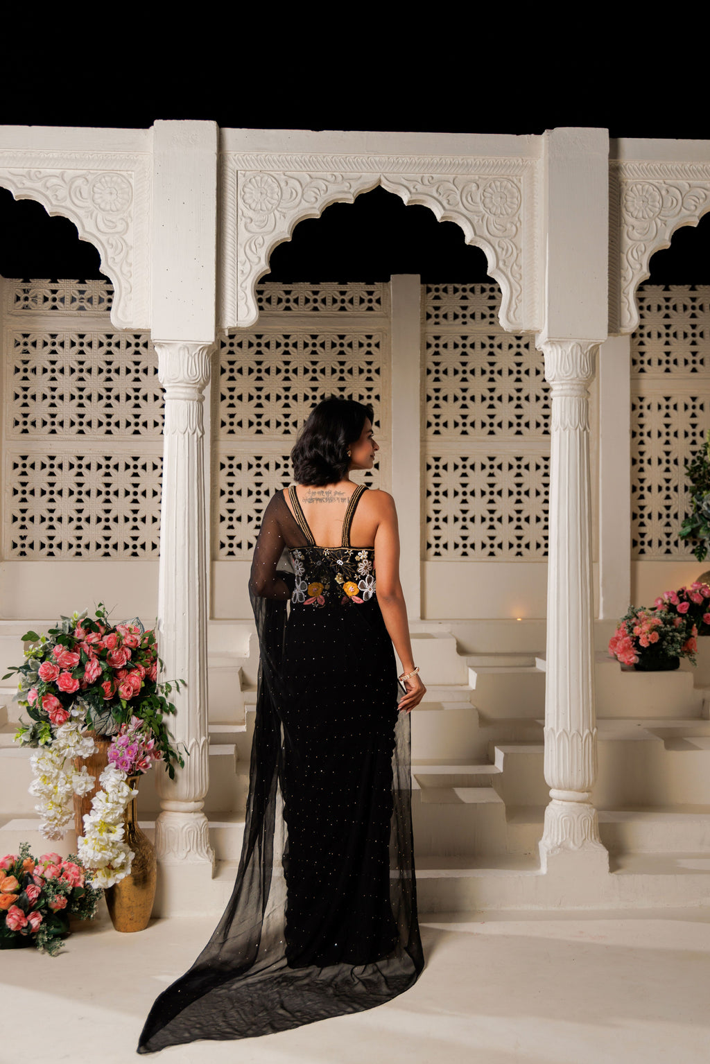 Black Chiffon Mukaish Saree