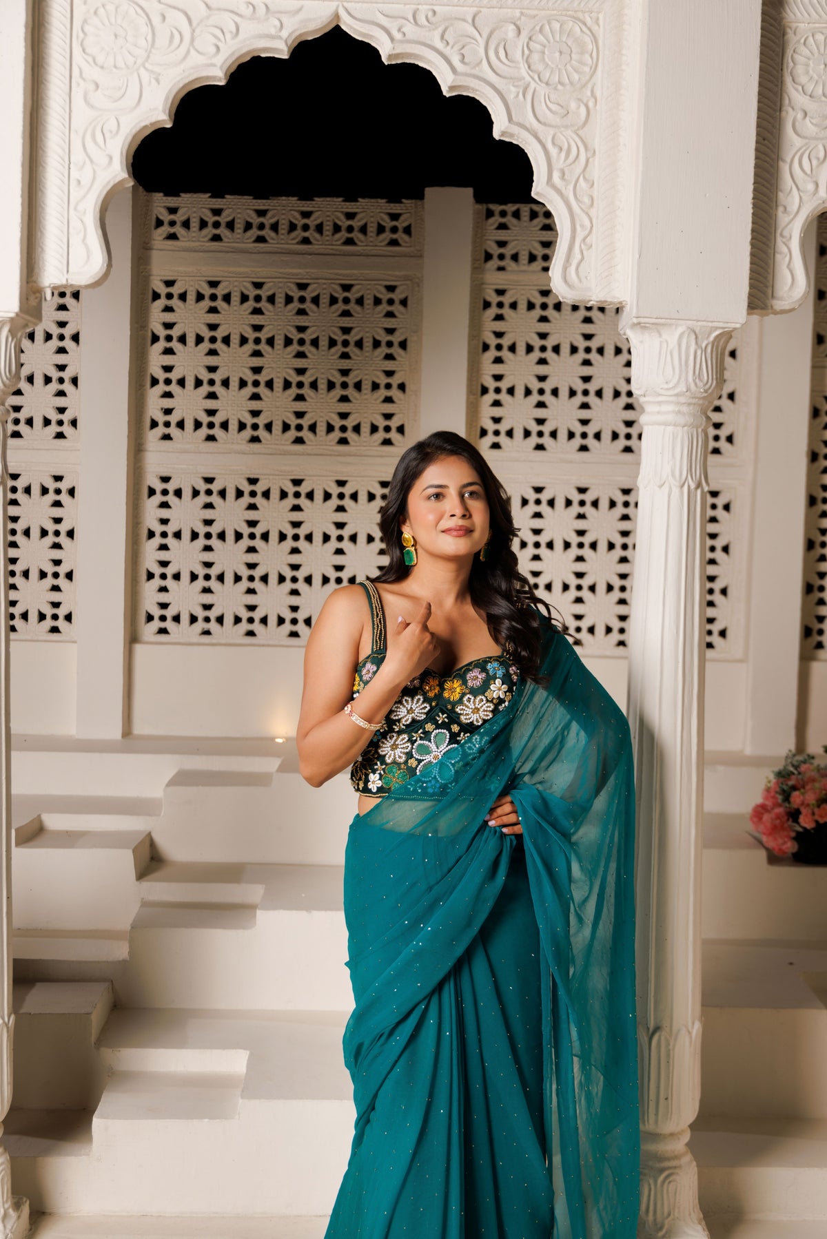 Green Chiffon Mukaish Saree