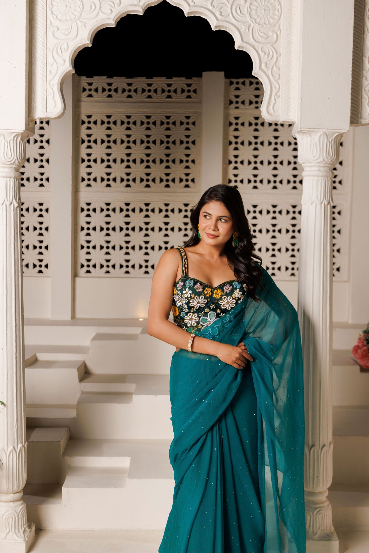 Green Chiffon Mukaish Saree