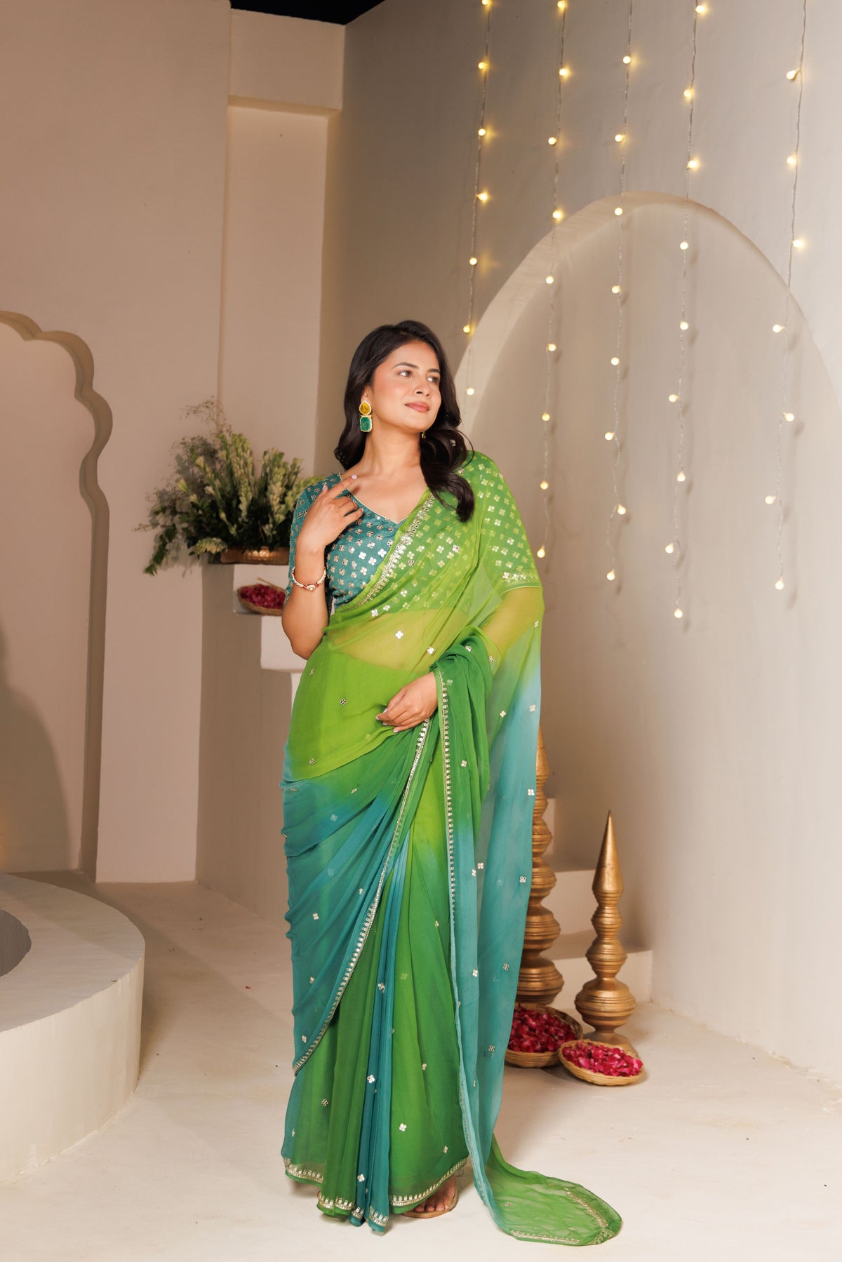 Green Multi color Chiffon Saree with Aari & Sequin Work
