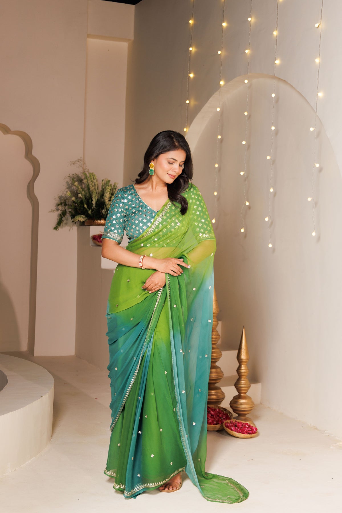 Green Multi color Chiffon Saree with Aari & Sequin Work