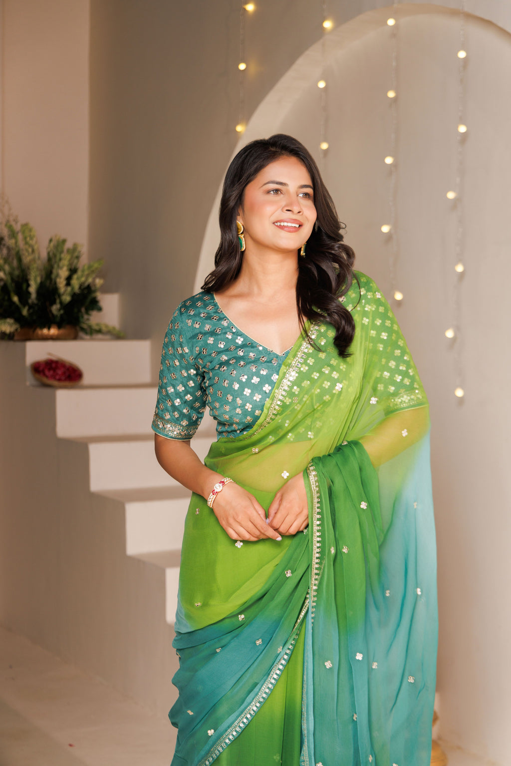 Green Multi color Chiffon Saree with Aari & Sequin Work