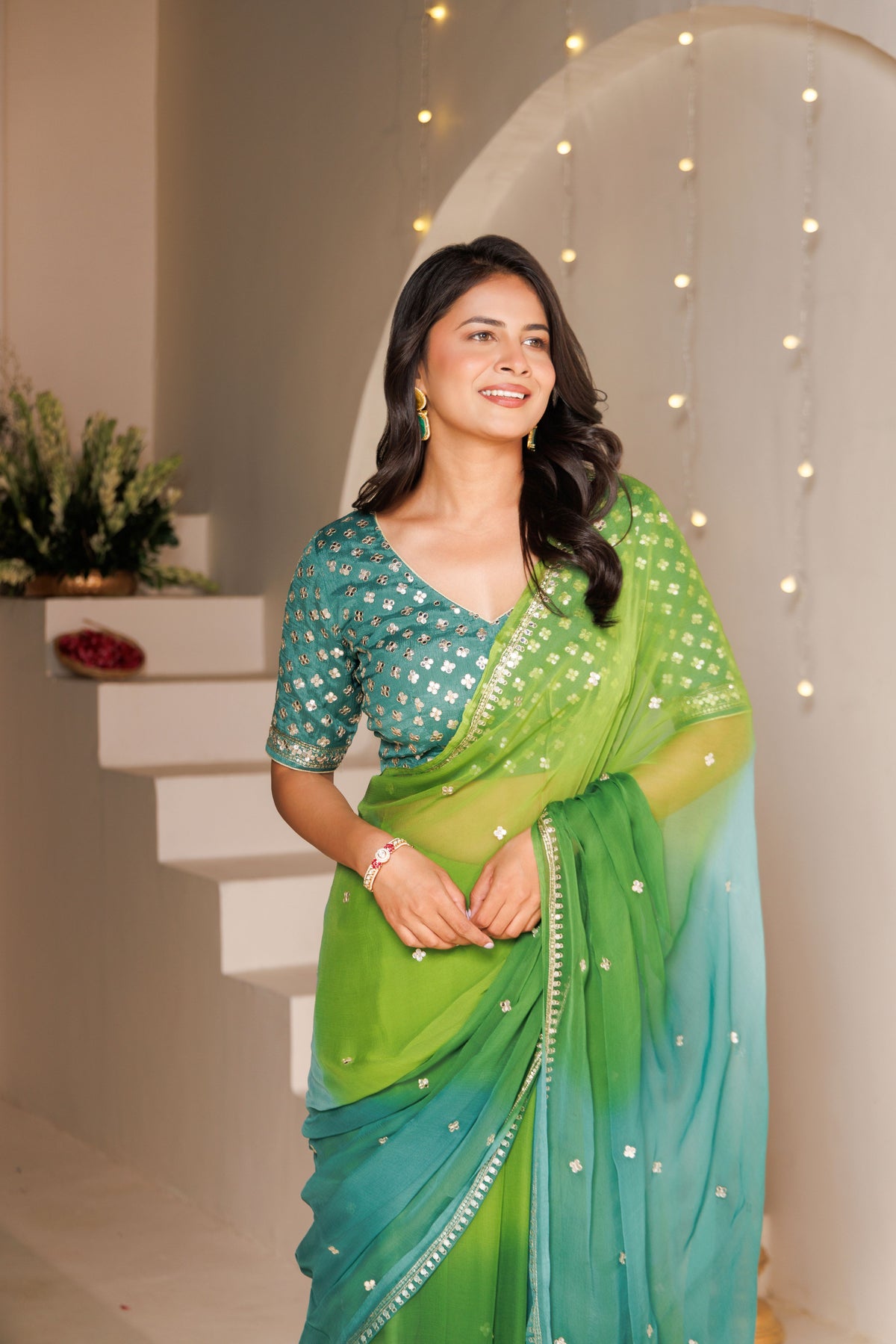 Green Multi color Chiffon Saree with Aari & Sequin Work