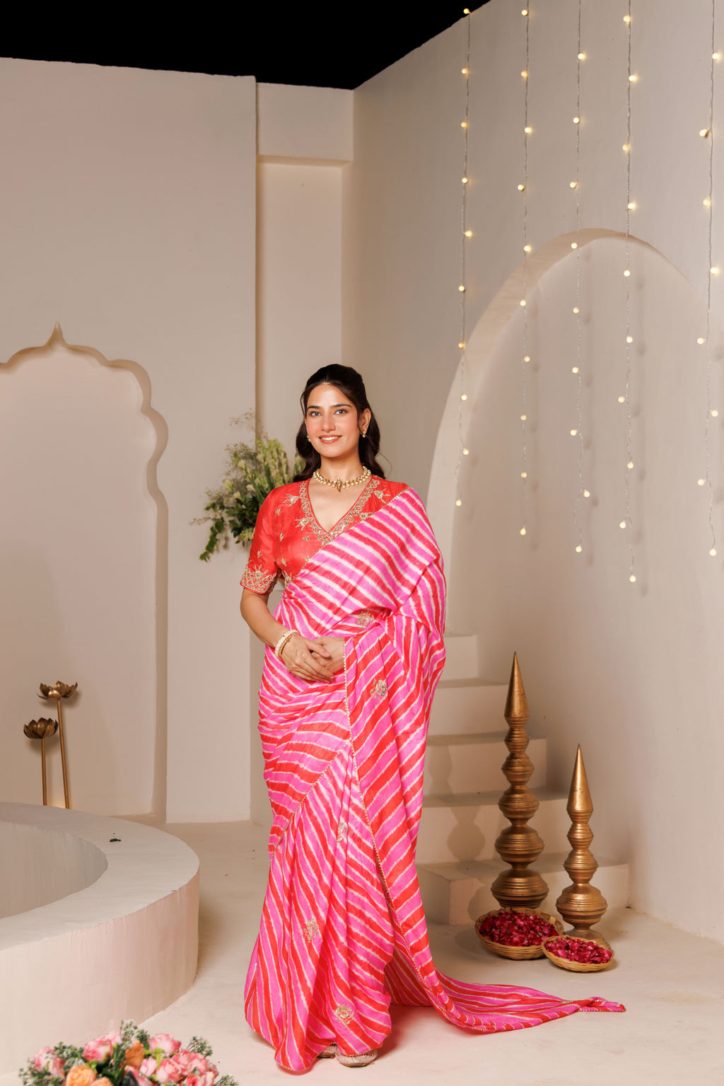 Pink Peach Leheriya Tussar Silk Gota Patti Saree