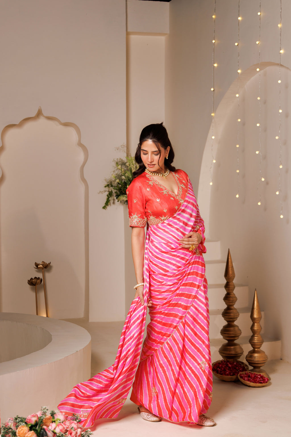 Pink Peach Leheriya Tussar Silk Gota Patti Saree