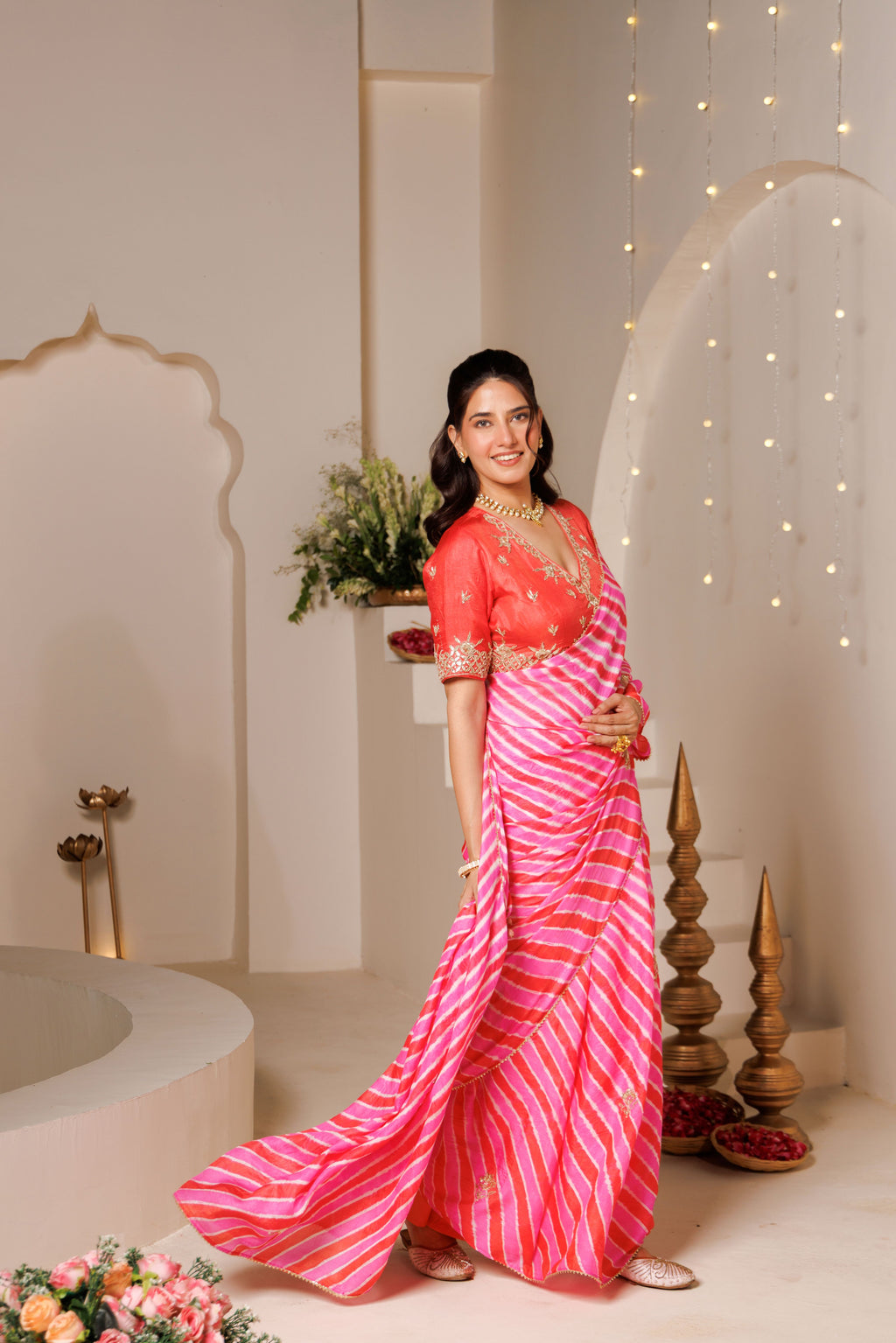 Pink Peach Leheriya Tussar Silk Gota Patti Saree