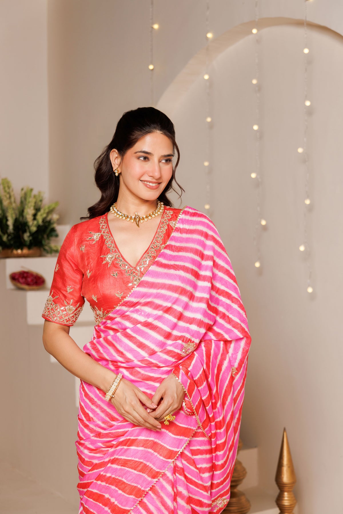 Pink Peach Leheriya Tussar Silk Gota Patti Saree