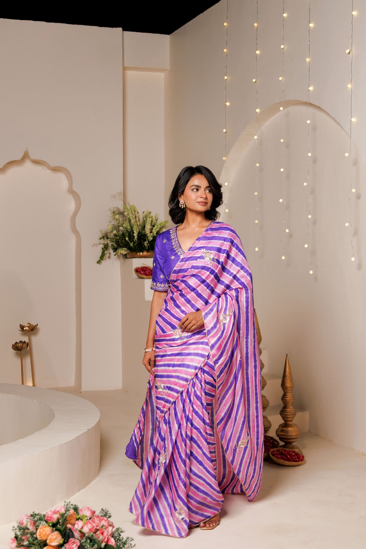 Pink & Purple Leheriya Tussar Silk Gota Patti Saree