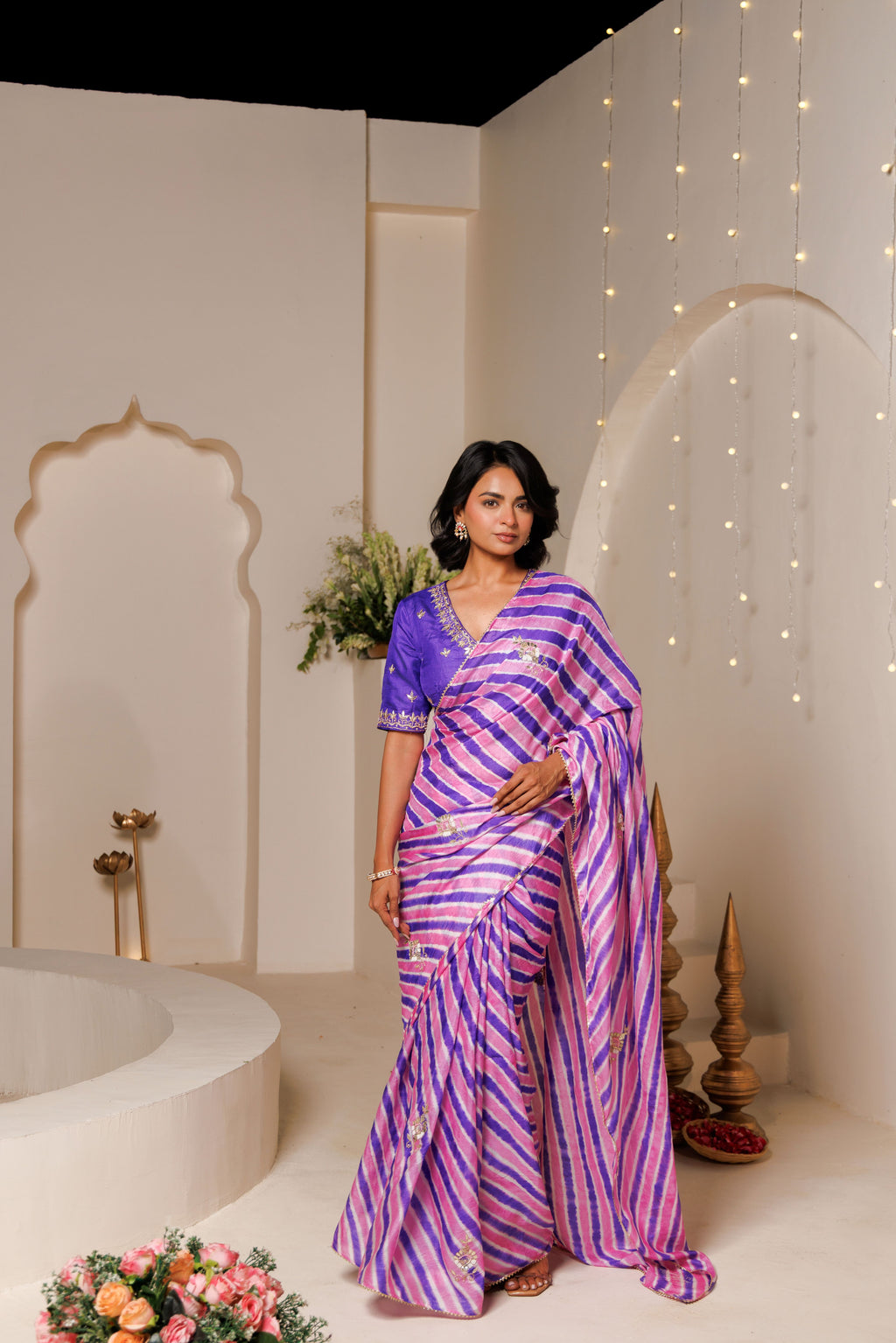Pink & Purple Leheriya Tussar Silk Gota Patti Saree
