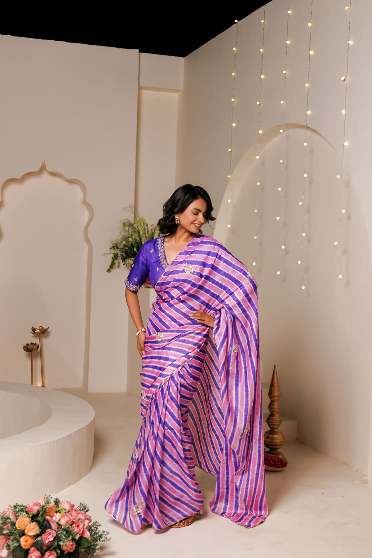 Pink & Purple Leheriya Tussar Silk Gota Patti Saree