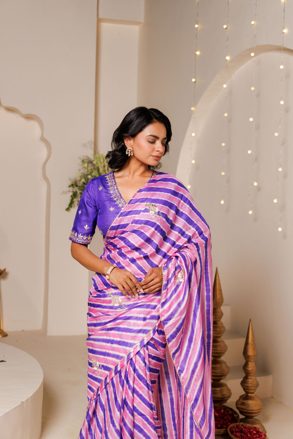 Pink & Purple Leheriya Tussar Silk Gota Patti Saree
