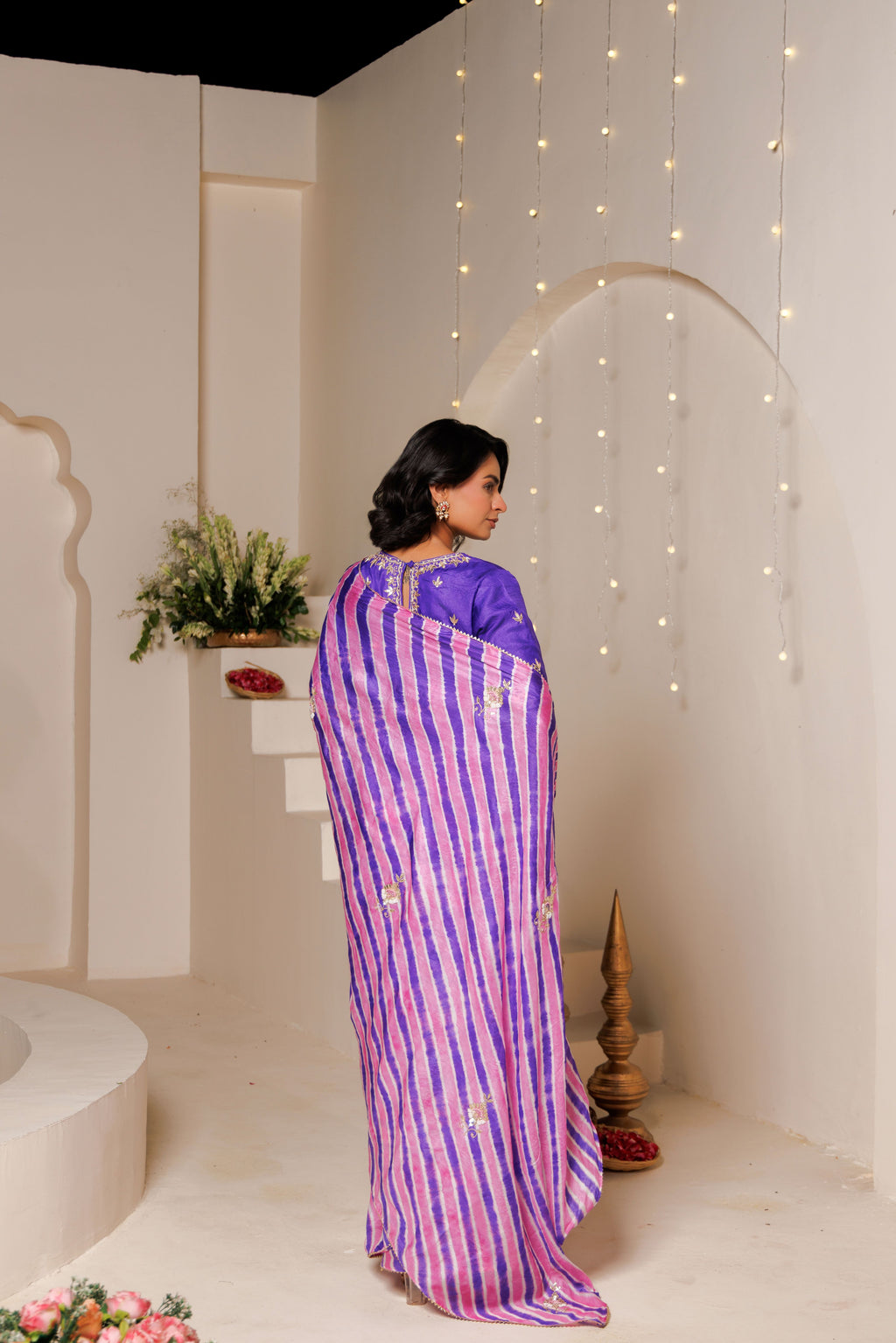 Pink & Purple Leheriya Tussar Silk Gota Patti Saree