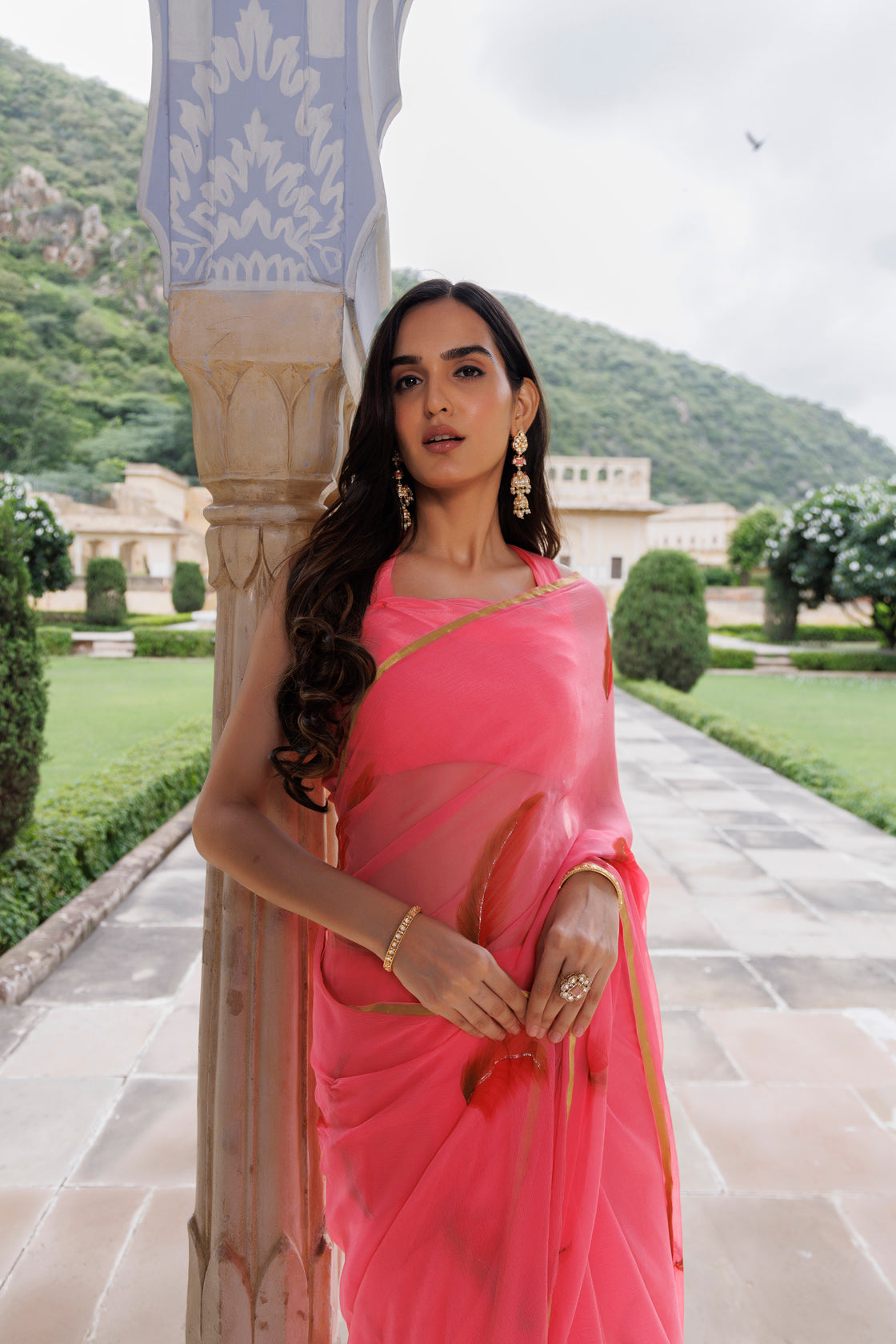 Pink Hand Painted Floral Chiffon Saree