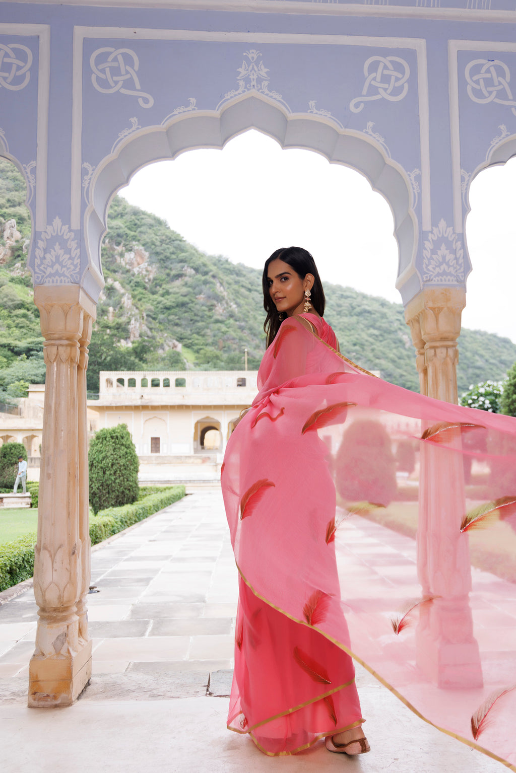 Pink Hand Painted Floral Chiffon Saree