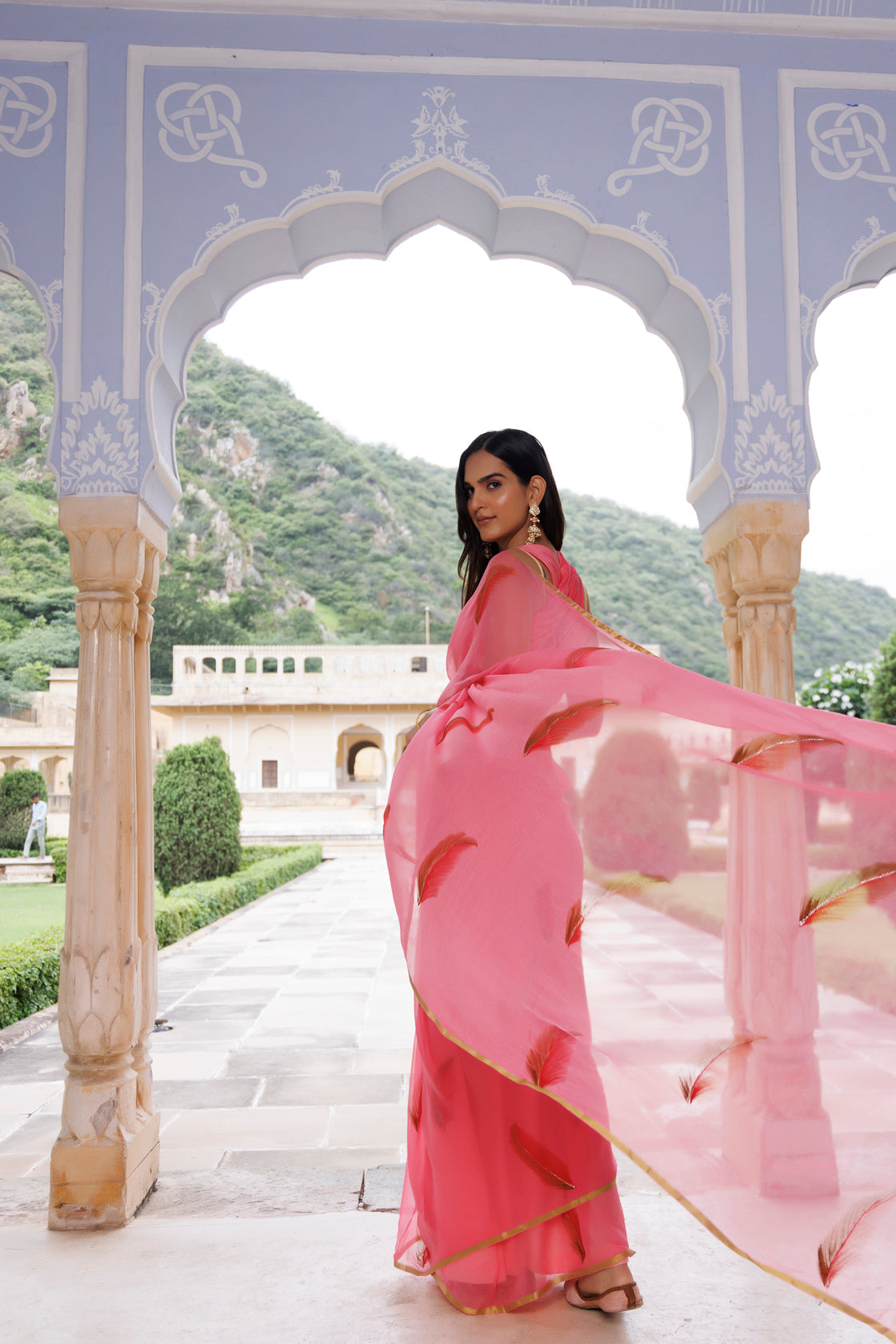Pink Hand Painted Floral Chiffon Saree