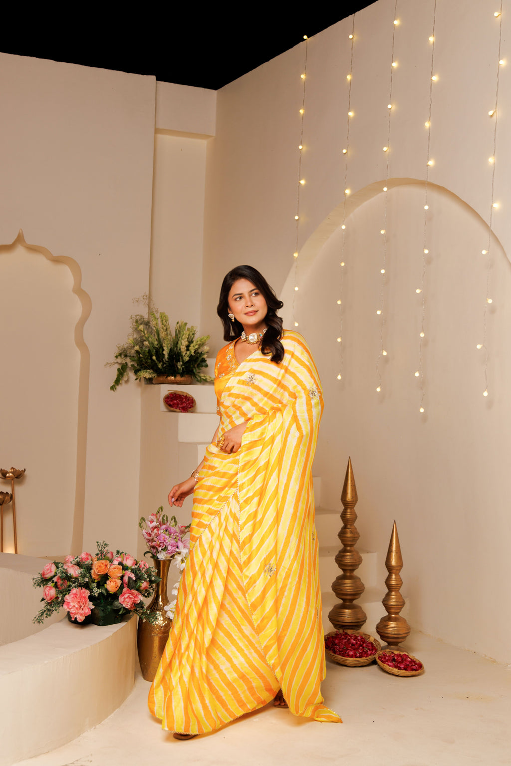 Yellow Leheriya Tussar Silk Gota Patti Saree