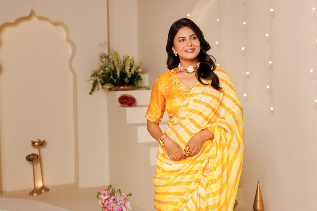 Yellow Leheriya Tussar Silk Gota Patti Saree