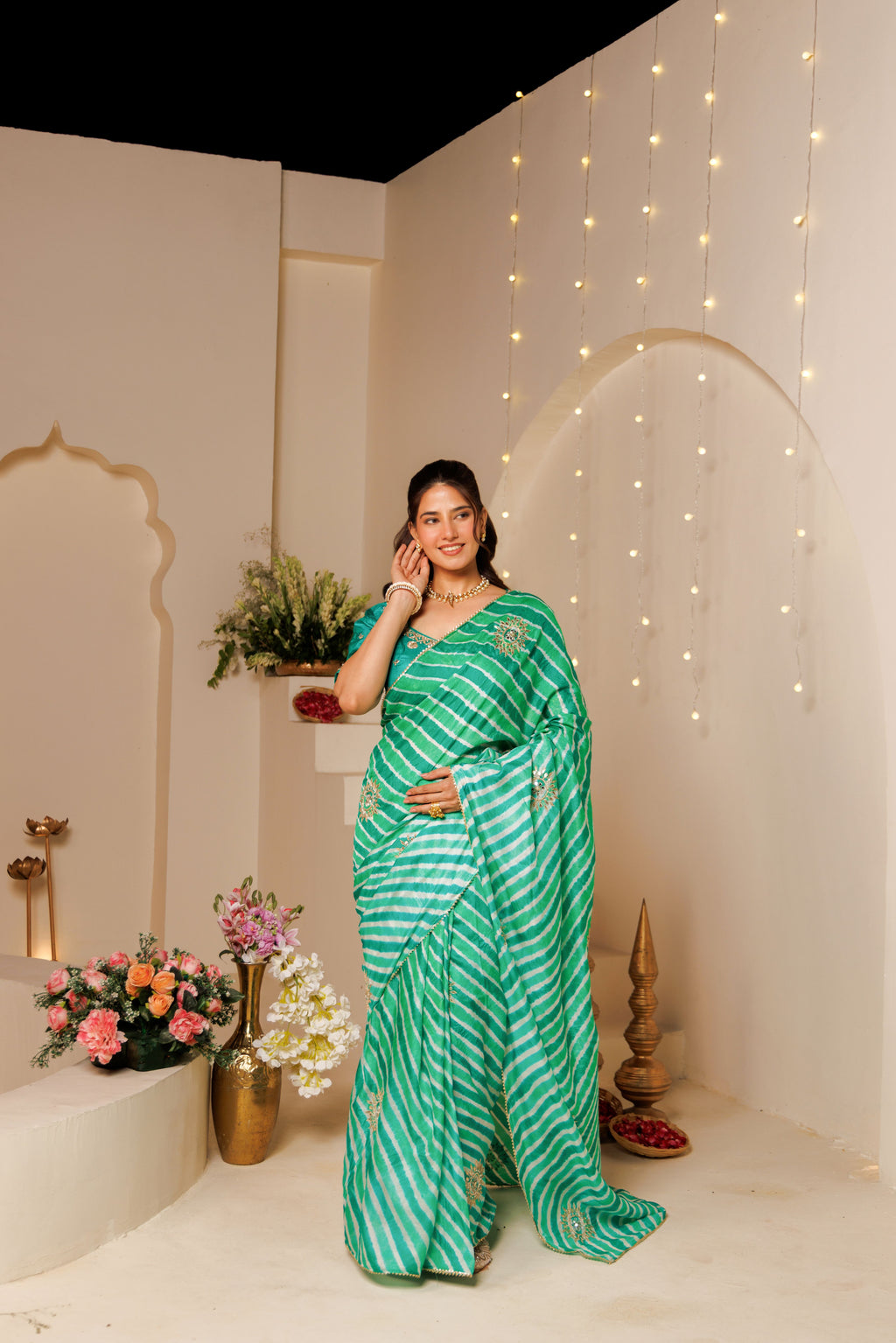 Green Leheriya Tussar Silk Gota Patti Saree