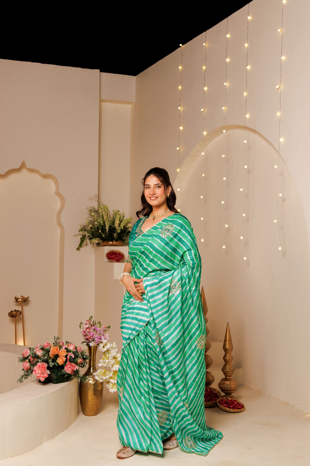 Green Leheriya Tussar Silk Gota Patti Saree